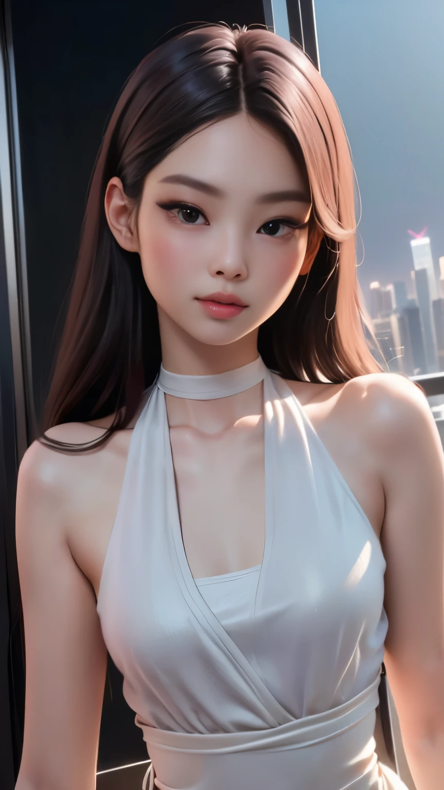 photo of Jennie from black pink, RAW, beautiful woman, ((portrait)), ((detailed face:1.2)), ((detailed facial feature, detailed skin, clear skin), (perfect proportioned body), (wearing an small low cut halter dress) (high detailed city environment, apartment balcony), (realistic photo, best quality, detailed), (8k wallpaper), (cinematic lighting, dramatic lighting) (sharp focus, intricate)