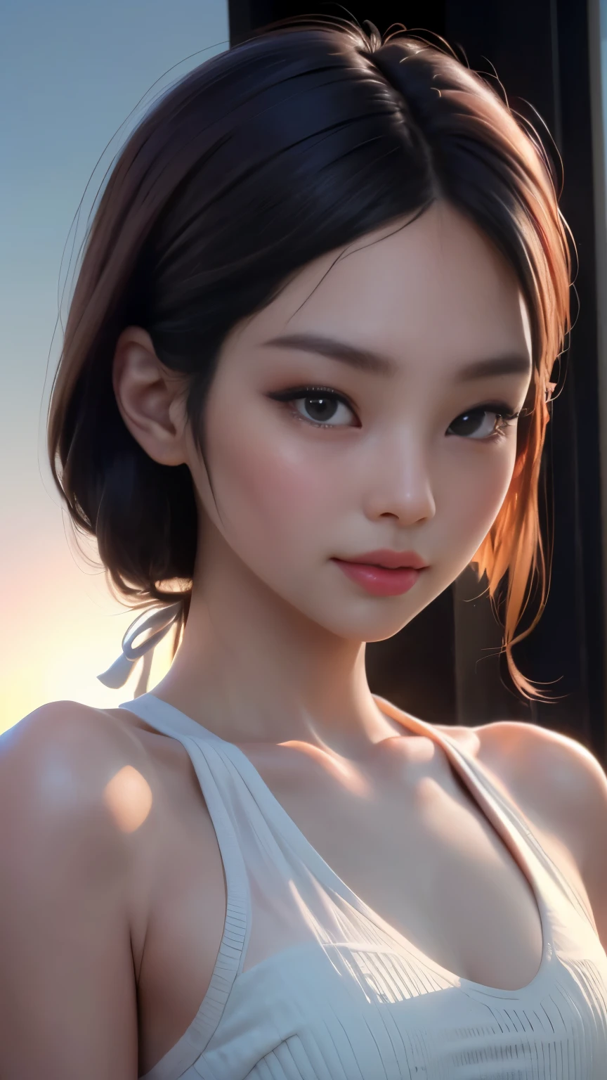 photo of Jennie from black pink, RAW, beautiful woman, ((portrait)), ((detailed face:1.2)), ((detailed facial feature, detailed skin, clear skin), (perfect proportioned body), (wearing an small low cut halter dress) (high detailed city environment, apartment balcony), (realistic photo, best quality, detailed), (8k wallpaper), (cinematic lighting, dramatic lighting) (sharp focus, intricate)