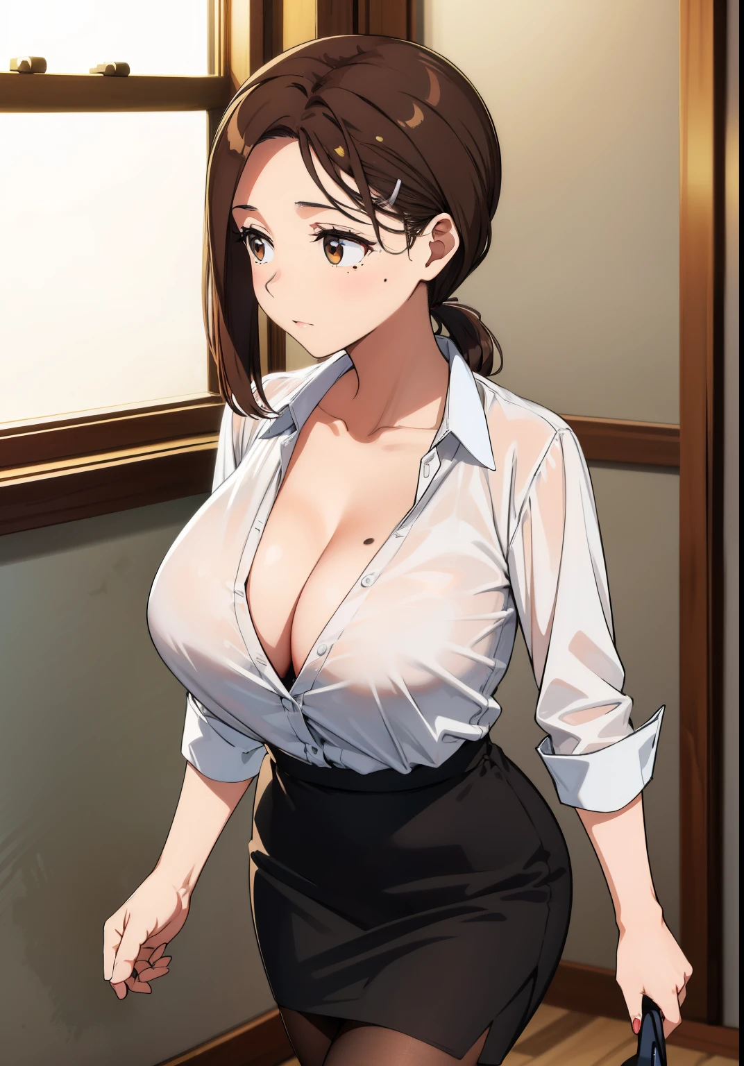 best quality, high resolution, (looking away:1.2), kouhai-chan, 1girl, brown hair, brown eyes, mole on cheek, long hair, mole under eye, huge breasts, black hair, bangs, skirt shirt, cleavage, collarbone, white shirt, pantyhose, indoors, mole, high heels, pencil skirt, high-waist skirt, office, solo focus, cowboy shot, window, (walking:1.2), low ponytail