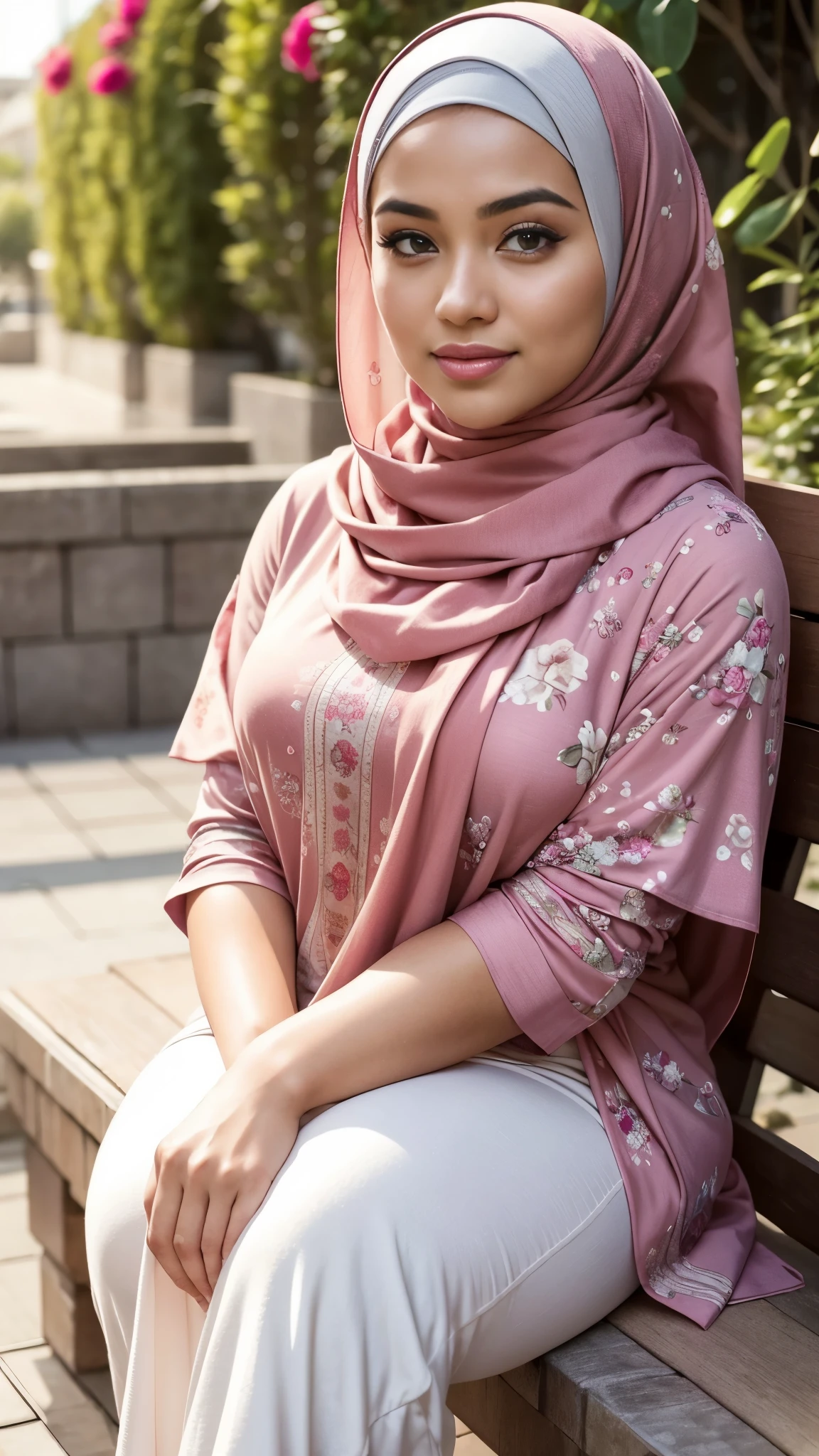 
RAW, Best quality, high resolution, masterpiece: 1.3), beautiful Malay woman in hijab,Masterpiece, perfect fit body, big breast, biggorgeous eyes, Soft smile,thick thighs,sitting,muslim close up of a woman wearing a red floral dress and a tan scarf, hijab, lovely woman, white hijab, beautifull malay, very beautifull girl, shawl, lovely, wearing beautiful clothes, cute beautiful, feminine in cute pastel shades, dress, beautiful female,Delicate turtleneck, shairband, afternoon walk, City garden, Excellent lighting, Bright colors, Clean lines