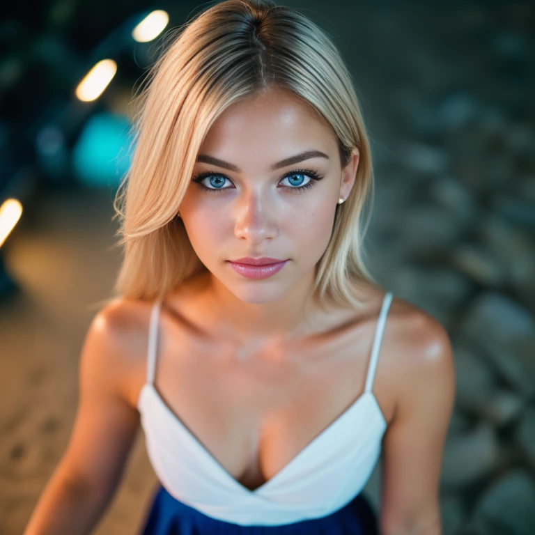 (selfie, top view: 1.4), (straight half of the body: 1.4), RAW UHD portrait photo of a 24-year-old blonde (blue-eyed woman) walking down a dark alley, large breasts,, city at night, (skirt), (neckline), details (textures! , hair! , glitter, color!! , disadvantages: 1.1), glossy eyes with high detail (looking at the camera), SLR lighting, SLR camera, ultra-quality, sharpness, depth of field, film grain (center), Fujifilm XT3, crystal clear, frame center, beautiful face, sharp focus, street lamp, neon lighting, bokeh (dimly lit), night, (night sky), detailed skin pores, oily skin, sunburn, complex eye details, full body, large breasts, nipple, nsfw