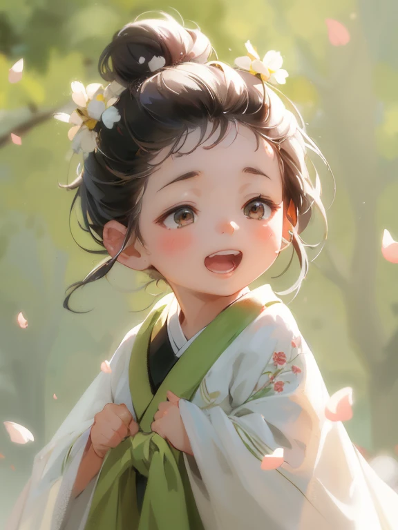 Hand Painted,Cute Chinese five-year-old fairy，chubby，Wearing Hanfu，Holding a white dandelion, BlowingTaraxacum，Fair skin，happy，Comb your hair in a bun，hairpin ribbon，Front view of Chinese style， Chinese garden peach blossom background,Octane number渲染，mixer，Octane number，chibi, Hand Painted动漫风格，Beautiful，Angela.Barrett，Russian comic style，c4d、illusory、digital art natural light，best quality，intricate details，trendultra detail,very high detail，8k，exquisite