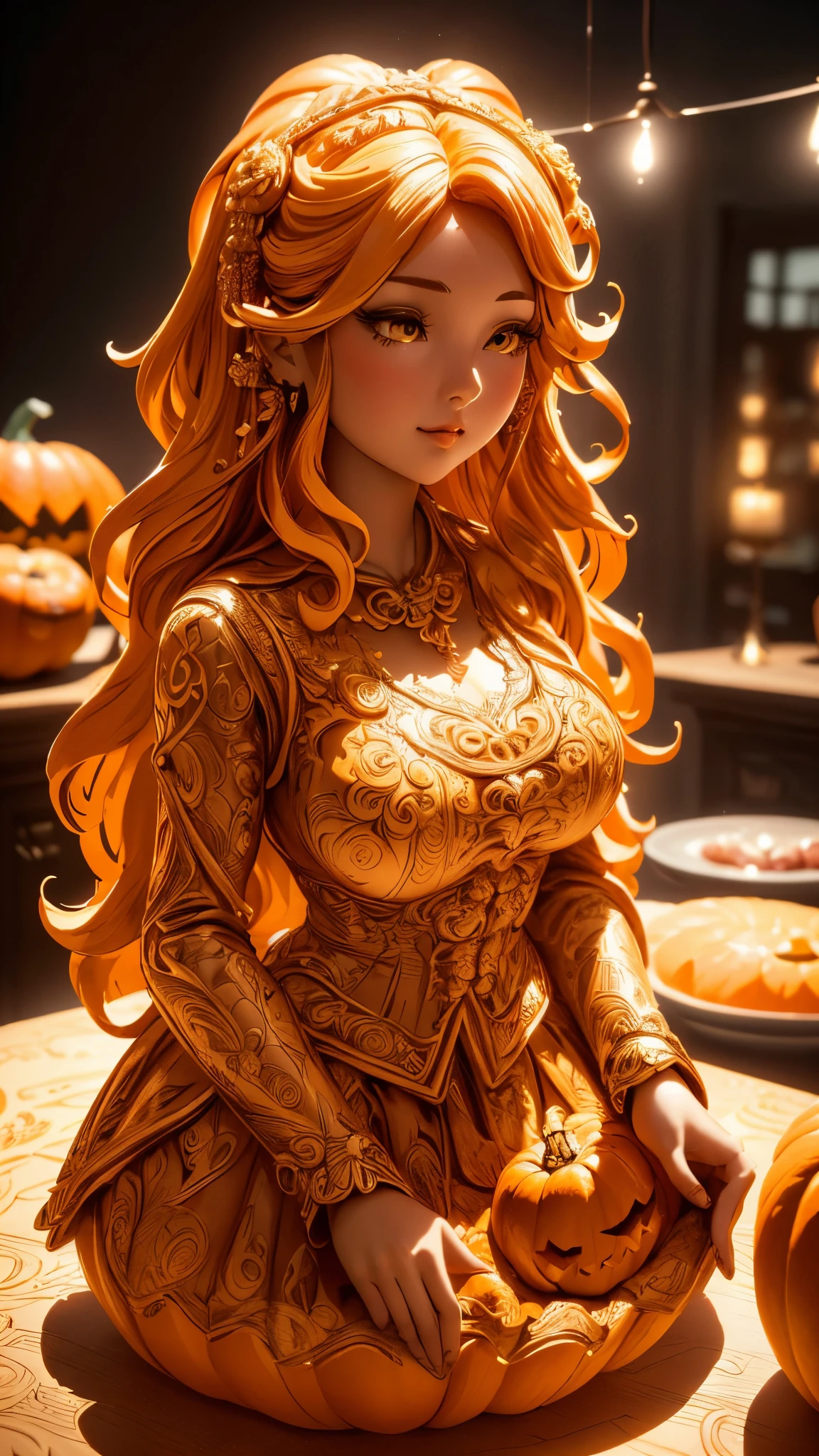 (A cute girl carved from a large pumpkin：1.1），（whole body），Beautiful long-haired girl，retro long skirt，16k，Orange，relief， and honest background：on the plate on the dining table，Fruit carving，food engraving，Three-dimensional engraving，food sculpture design， close-up, rotated, rococo style, Classicism, depth of field, UHD, masterpiece, ccurate, super detail, high details, high quality, award winning, best quality, highres, 16k，soft light lighting，