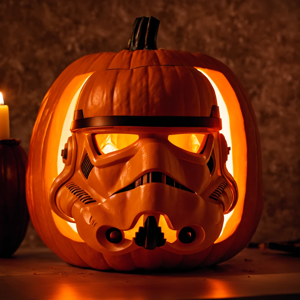 a stormtrooper helmet carved out of a pumpkin, artistic, all orange color, clean lines, candle inside, ambient light