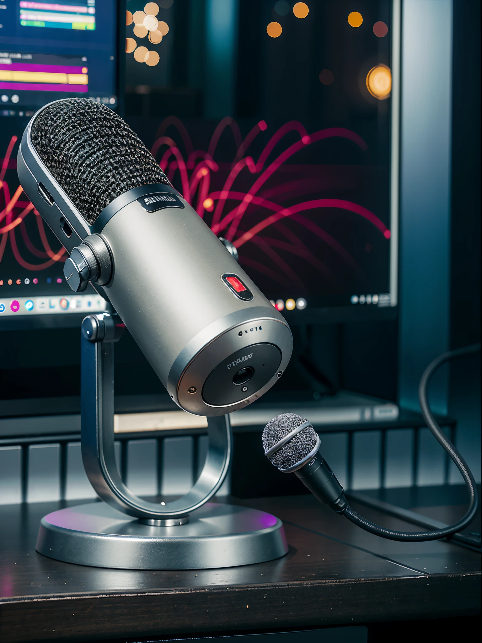 a close up of a microphone on a desk near a computer, sitting in front of a microphone, microphone, standing microphones, studio microphone, table with microphones, studio shot, rapping into microphone, micropohone, microphones, professional grade, ultra - detailed, ultra-detailed, streaming on twitch, easy to use, full - view