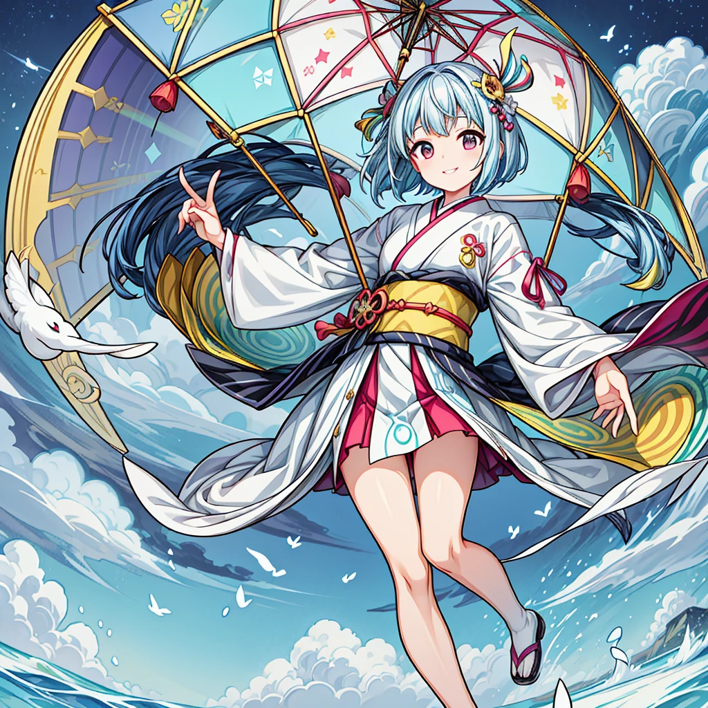 Margaret Tarrant, Jan Pieńkowski, Surreal, mysterious, strange, fantastical, fantasy, Sci-fi, Japanese anime, The Milky Way flows underground, A beautiful girl in a miniskirt sits on a floating boat, Perfect body, Crystal City, Perspective drawing, vibrant colours, angles, detailed masterpiece bird’s eye view