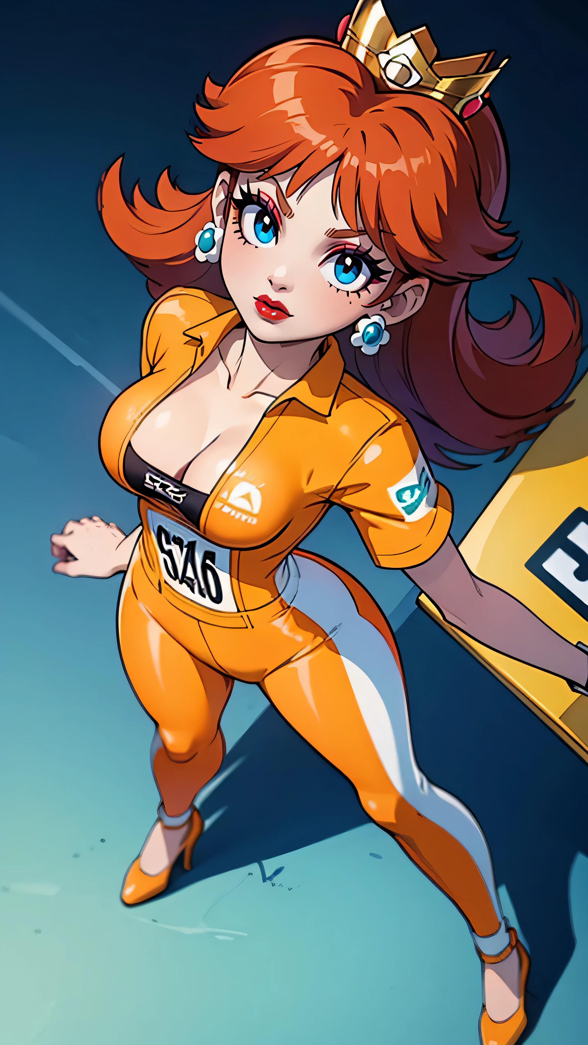 ((high detailed, best quality, 4k, masterpiece, hd:1.3)), (Mario_Kart_speedway), Princess Daisy posing, Daisy_SM, BREAK neon blue eyes, seductive, attractive, sexy smile, smiling, smooth anime cg art, 36C breasts, long legs, vivid colors, detailed digital art, slim body, perfect skin, dark red hair, long red hair, dark hair, red hair, BREAK crown, cleavage, 36C cleavage, looking at viewer, BREAK looking at viewer, extremely detailed face, (orange and white jumpsuit), (Jumpsuit:1.5), (orange and white racing suit), (racing suit:1.5), (high heels), full body, earrings, gem, dark gothic eyeshadows, dark eyeshadows, black eyeshadows, (perfect hands, perfect anatomy), black makeup, detailed fingers, five fingers per hand, 5 fingers, (1 girl), detailed lips, BREAK night, (breast focus), (breasts out:1.3), (from above:1.3), (hands on waist:1.3),