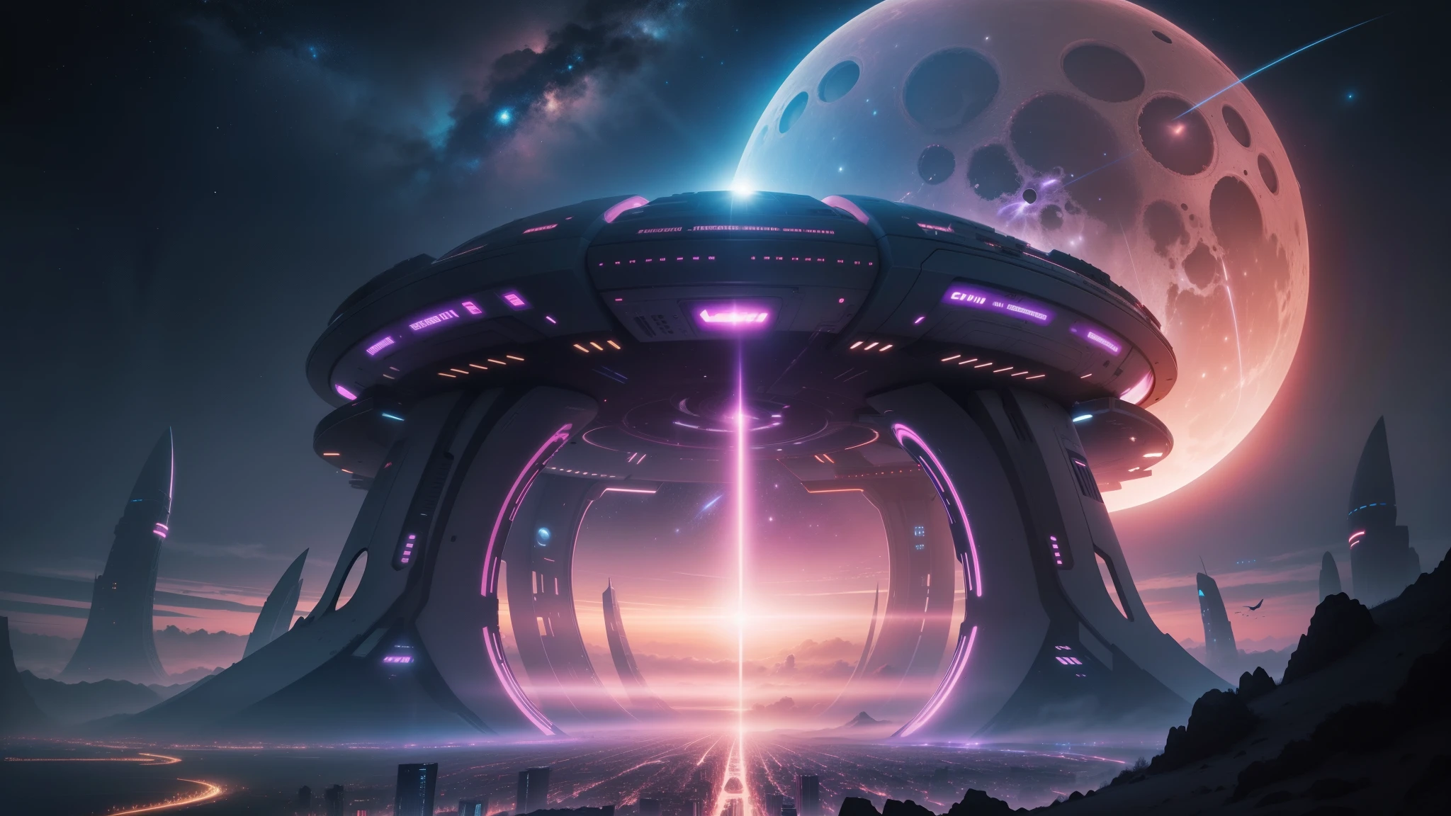 futuristic city, Milkyway Sky, ethereal scenery, Alien buildings, space, planet in the sky, Pink Moon, soft light, Future landscape, Planet Earth, skyscraper, SF艺术futuristic city, quality,Masterpiece, ultra high resolution, Dream。ultraman planet