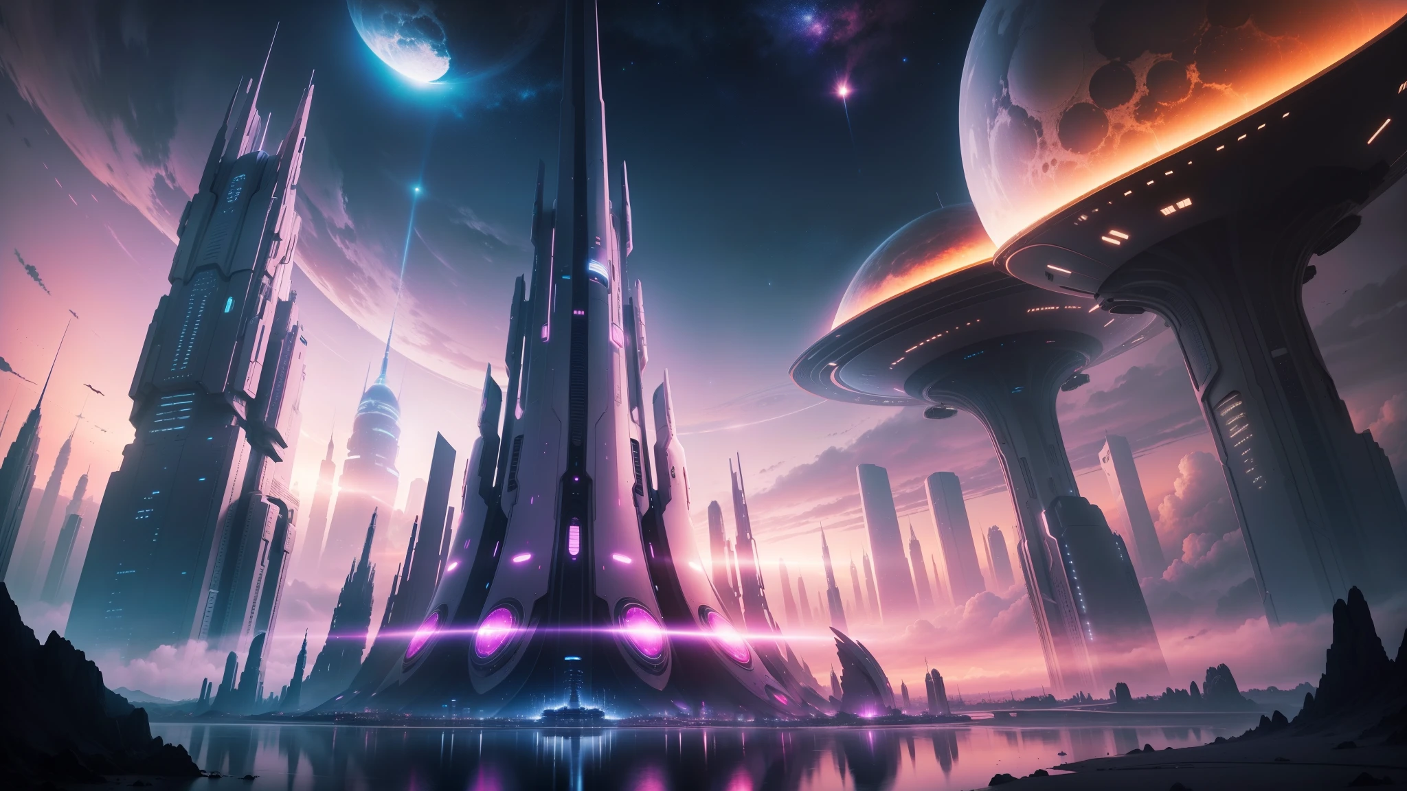 futuristic city, Milkyway Sky, ethereal scenery, Alien buildings, space, planet in the sky, Pink Moon, soft light, Future landscape, Planet Earth, skyscraper, SF艺术futuristic city, quality,Masterpiece, ultra high resolution, Dream。ultraman planet