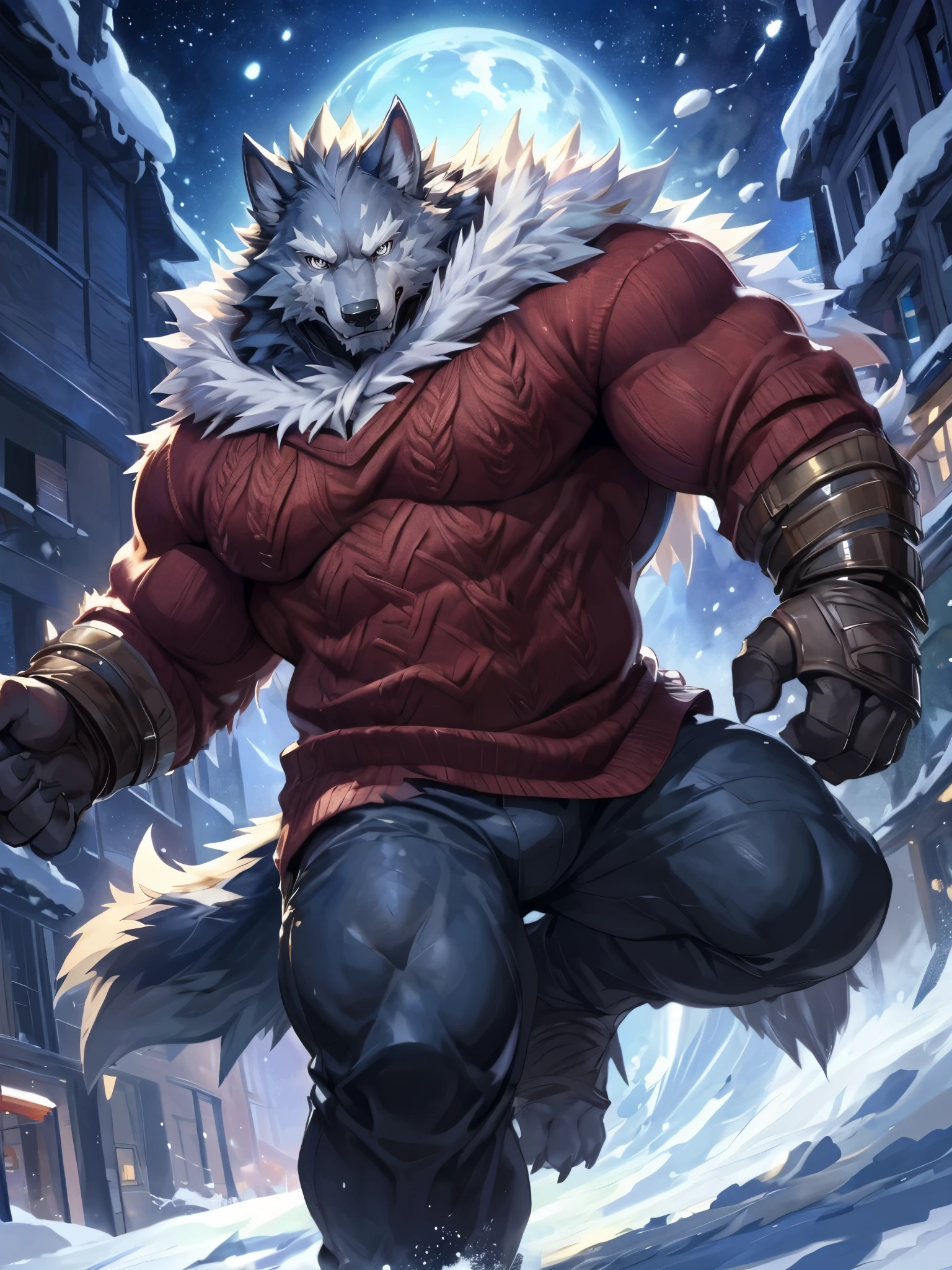 solo,masterpiece,(best quality),((detailed eyes)),furry male wolf,((blaidd)),huge muscular,huge body,looking at viewer,big eyes,anime,looking viewer,long cort, sweater,long pants,wolf tail,(dynamic action),night,grow,winter,(by null-ghost),by pino daeni