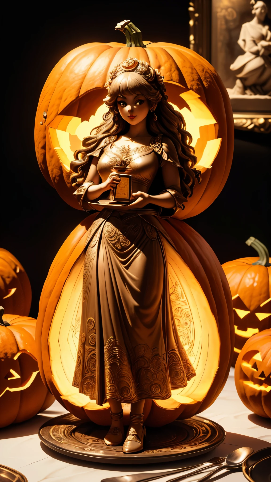 (A carving of a cute girl standing inside a large pumpkin：1.1），（whole body），Beautiful long-haired girl，retro long skirt，16k，Orange，relief， and honest background：on the plate on the dining table，Fruit carving，food engraving，Three-dimensional engraving，food sculpture design， close-up, rotated, rococo style, Classicism, depth of field, UHD, masterpiece, ccurate, super detail, high details, high quality, award winning, best quality, highres, 16k，soft light lighting，