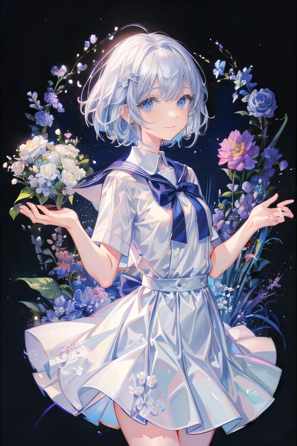 1 girl，(white) short hair，blue eyes，school uniforms，super cute，(introvert) and shy，small breast，thin and small，((feel happy))，flowers，表情自然的