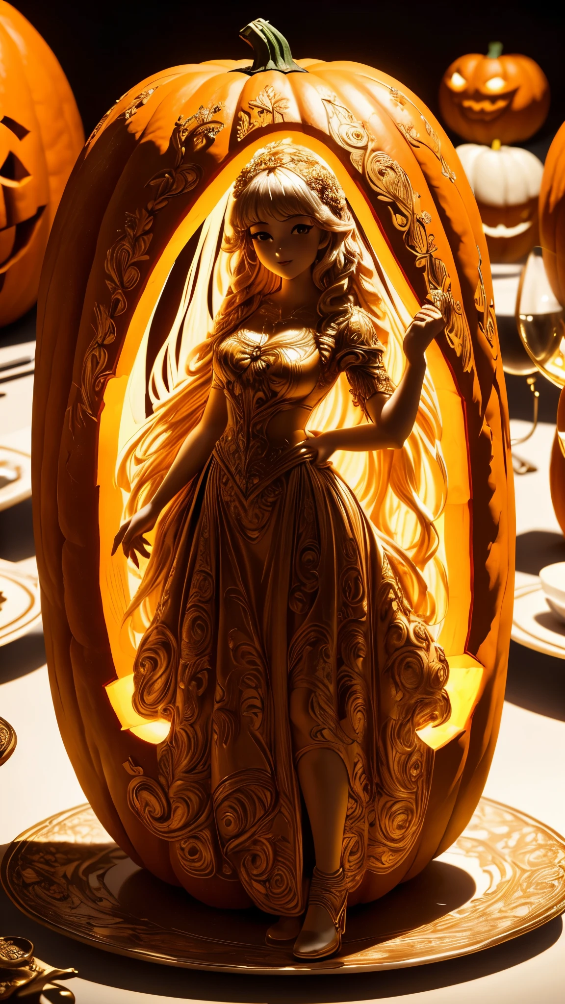 (A carving of a cute girl standing inside a large pumpkin：1.1），（miniature whole body），Beautiful long-haired girl，retro long skirt，16k，Orange，relief， and honest background：on the plate on the dining table，Fruit carving，food engraving，Three-dimensional engraving，food sculpture design， close-up, rotated, rococo style, Classicism, depth of field, UHD, masterpiece, ccurate, super detail, high details, high quality, award winning, best quality, highres, 16k，soft light lighting，