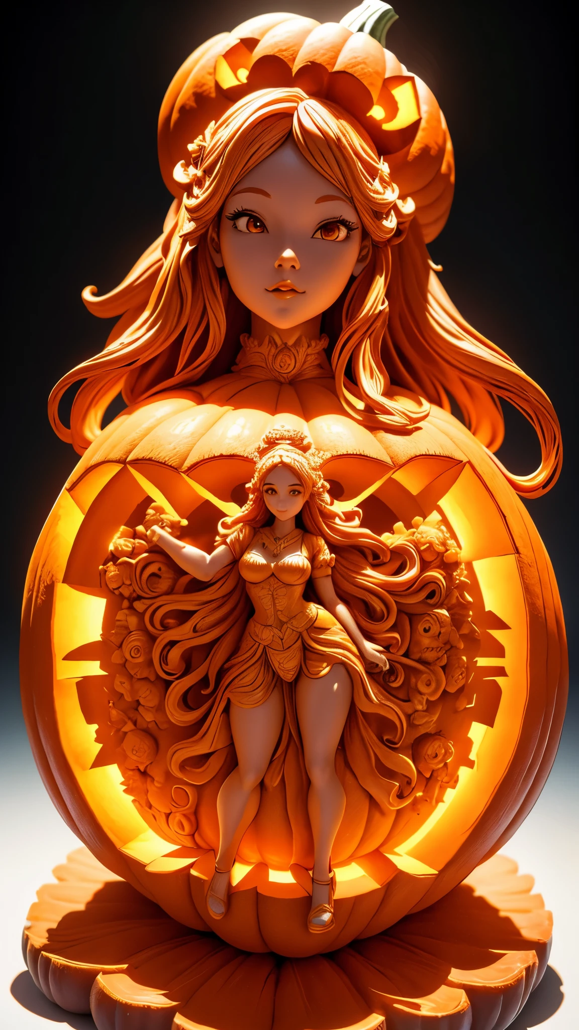 (A cute girl sculpture carved from a large pumpkin: 1.1), (full body), beautiful long haired girl, retro long skirt, 16k, orange, relief,  and sturdy background: fruit carving, food carving, 3D carving, food sculpture design, close-up, rotation, Rococo style, classicism, depth of field, ultra high definition, masterpiece, accuracy, ultra detail, high detail, high quality, award winning, best quality, 16k, soft lighting,