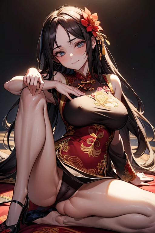 (High resolution), (32K), (very very highly detailed), (Best illustration), (beautiful and delicate eyes), (best quality), (super detailed), (master piece), (Detailed and delicate face), solo,Highly detailed face and skin texture,fine eyes,double eyelid,Spread your legs and use props、 embarrassing smile,shy face、spread legs,high details,Wear pin heels,(dynamic pose),1 girl, black long hair , Pitch black eyes, long legs, (camel toe),(((big breasts)))、Exposing genitals without wearing pants,camel's toe,The protruding PUssy ,cocked ass,I grew up sexy、(((Luxurious flower embroidered red cheongsam)))、Forehead、best style、nipple