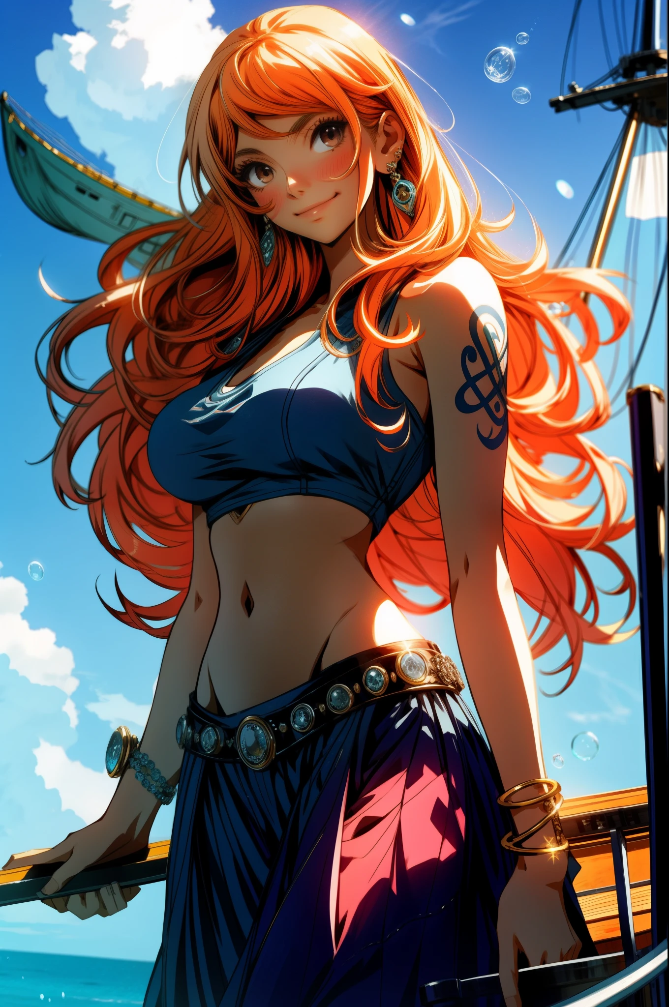 detailed background, masterpiece, best quality, 1girl, solo, nami \(one piece\), 1girl, bangle, blue sky, bracelet, , brown eyes, bubble, big boobs, cloud, cowboy shot, slender body, thin, big eyes, eye-level, soft lighting, sexy pose, day, earrings, floating hair,jewelry, big breasts, log pose, long hair, looking at viewer, navel, orange hair,shoulder tattoo,sky, smile, solo, standing, stomach, , tattoo , looking at viewer, pirate ship on background