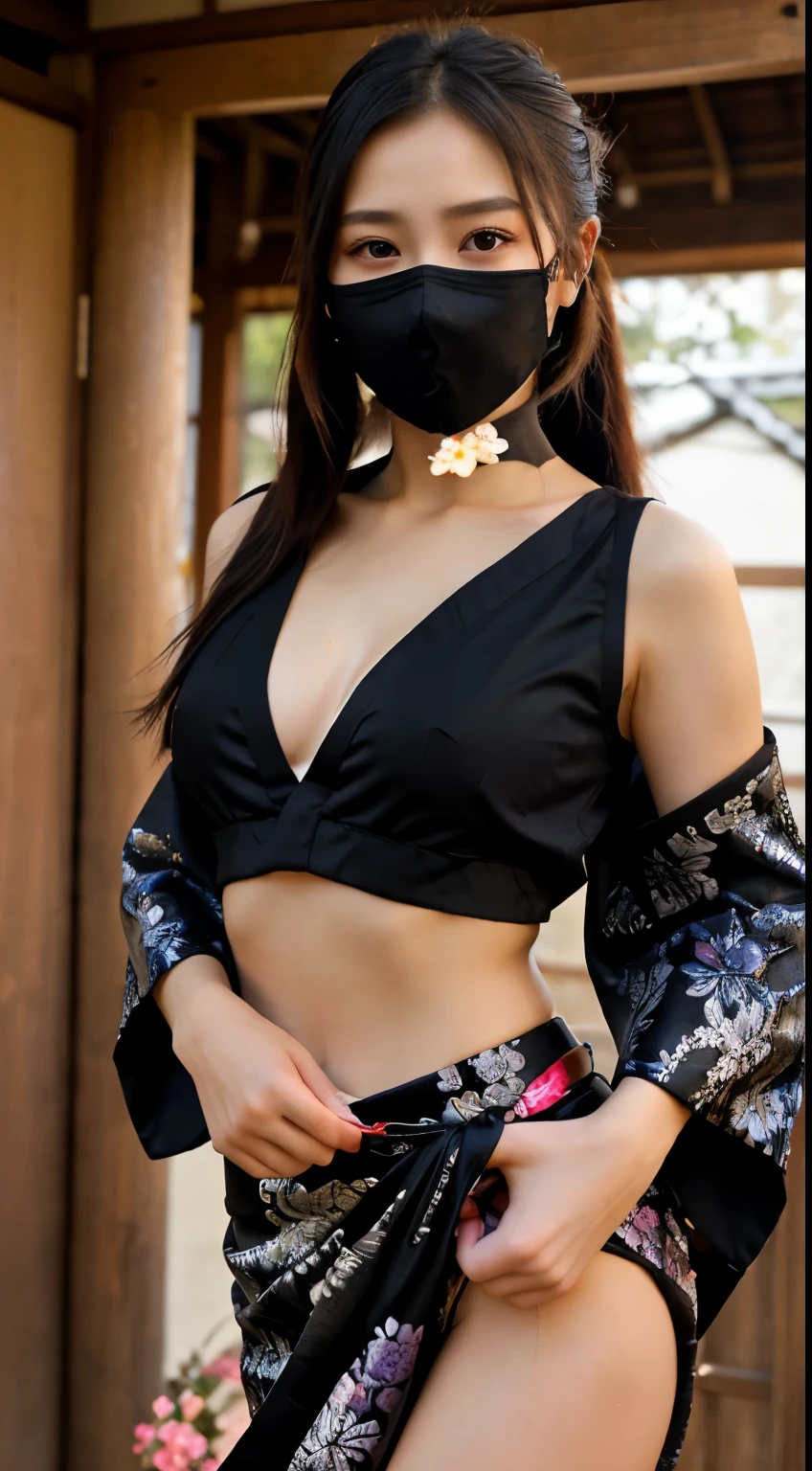 最high quality、high quality、best image quality、8K、最High resolution、High resolution、最high quality、masterpiece、RAW photo、realistic atmosphere、(detailed face)、(fine hands、thumb１reference４)、(beauty of japan )、very nice face、cute face、((beautiful japanese girl))、(japanese woman), ((18 year old beautiful girl))、(glossy black hair)、(straight long hair)、(ponytail)、whole body、slim style、(shiny skin)、(Fair skin, Glossy skin)、real human skin、realistic human body structure、perfect body， perfect face， perfect hands， perfect fingers， perfect lips， perfect eyes，perfect teeth、perfect background， perfect atmosphere， natural soft light、photon mapping、Ainu folk costume、japanese traditional、(kunoichi kimono)、In front of an old Japanese house、((Transparent black metallic(Waist-length short kimono with floral pattern、floral sleeveless kimono、String loincloth、mouth mask))、Dynamic pose with combat in mind