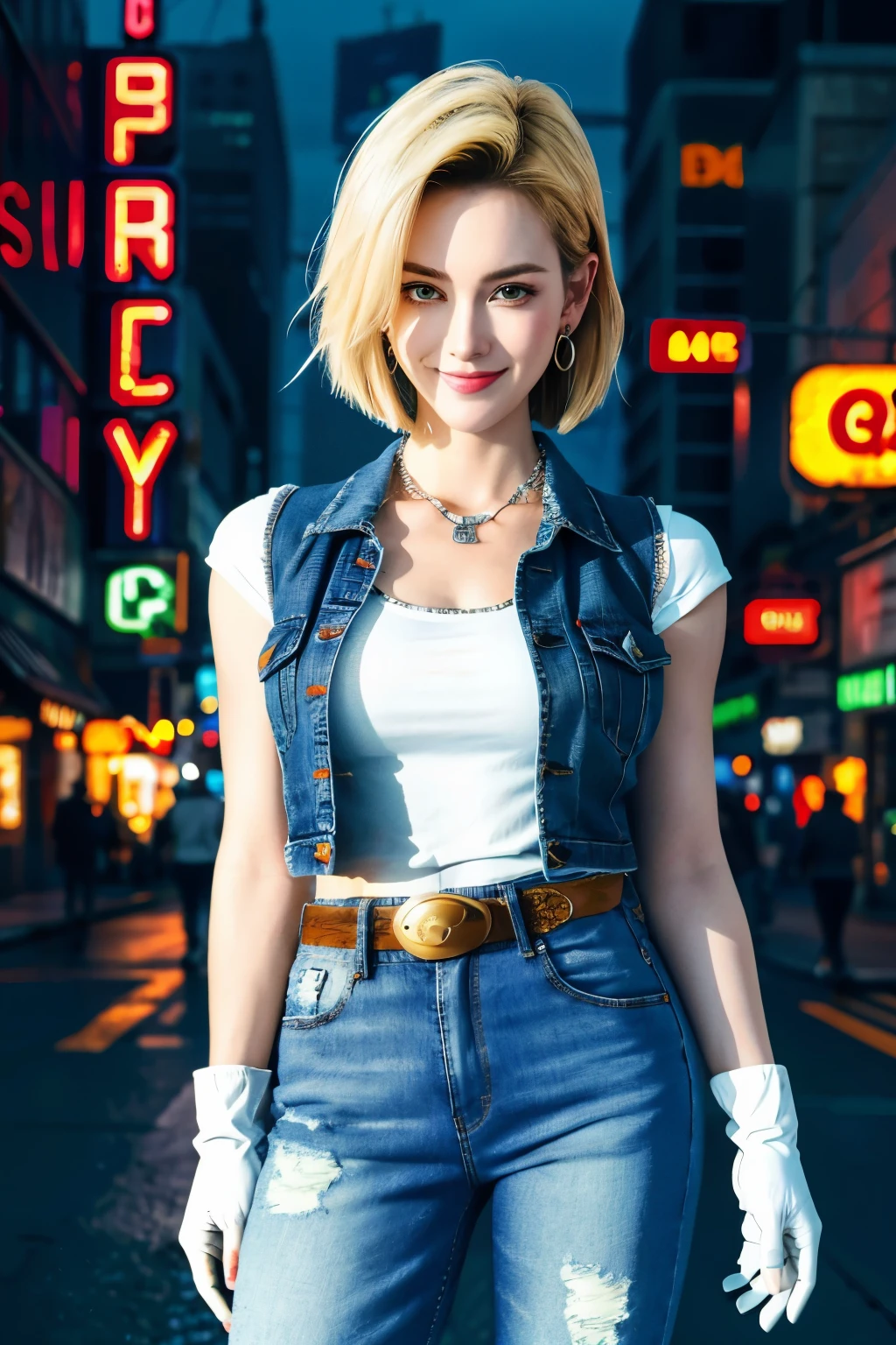 masterpiece, best quality, ultra-detailed, absurd, Portrait of cute Android18DB, solo, earrings, jewelry, jeans, smile, belt, vest, pants, gloves, necklace, jeans, cyberpunk street bustling with neon signs, volumetric lighting, best quality, masterpiece, intricate details, tonemapping, sharp focus, hyper detailed, trend in Artstation,