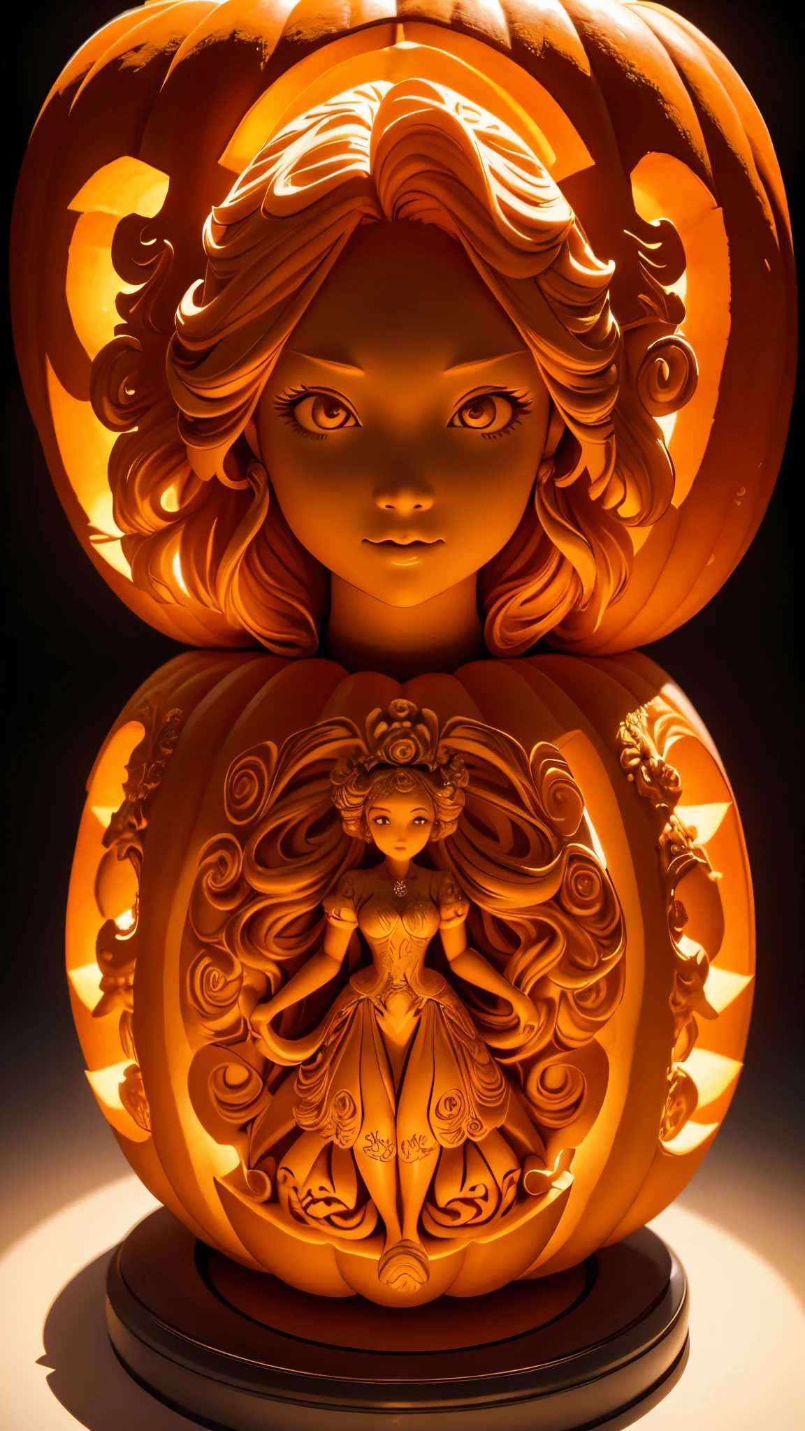 (A cute girl sculpture carved from a large pumpkin: 1.1), (full body), beautiful long haired girl, retro long skirt, 16k, orange, relief,  and sturdy background: fruit carving, food carving, 3D carving, food sculpture design, close-up, rotation, Rococo style, classicism, depth of field, ultra high definition, masterpiece, accuracy, ultra detail, high detail, high quality, award winning, best quality, 16k, soft lighting,