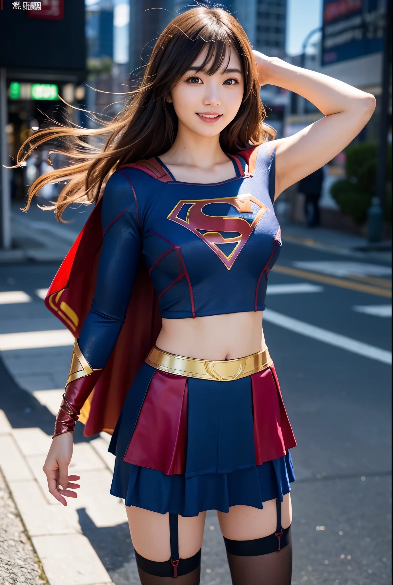 adorable, japanese girl, , (Supergirl costumes:1.2),shortcut、Plump thighs, big breasts、Chirarism、Thin belly、abs、smile、garter belt、Jumping figure、The background is a city with skyscrapers、I can see the blue sky、(非常にbe familiar withな肌), (highest quality:1.0), (realistic:1.0), (8K, RAW photo:1.1), (8k非常にbe familiar withなCGユニットの壁紙), (highest quality), (best illustrations), (best shadow), (be familiar with: 1.4), 3D, HDR (high dynamic range), ray tracing, NVIDIA RTX, super resolution, Scattered beneath the surface, PBR texture, Post-processing, anisotropic filtering, written boundary depth, maximum sharpness and acutance, multilayer texture, Albedo and highlight mapping, surface shading, Accurate simulation of light-matter interactions, perfect proportions, octane rendering, surreal、Photographed with Canon EOS R5、50mm lens、f / 2.8