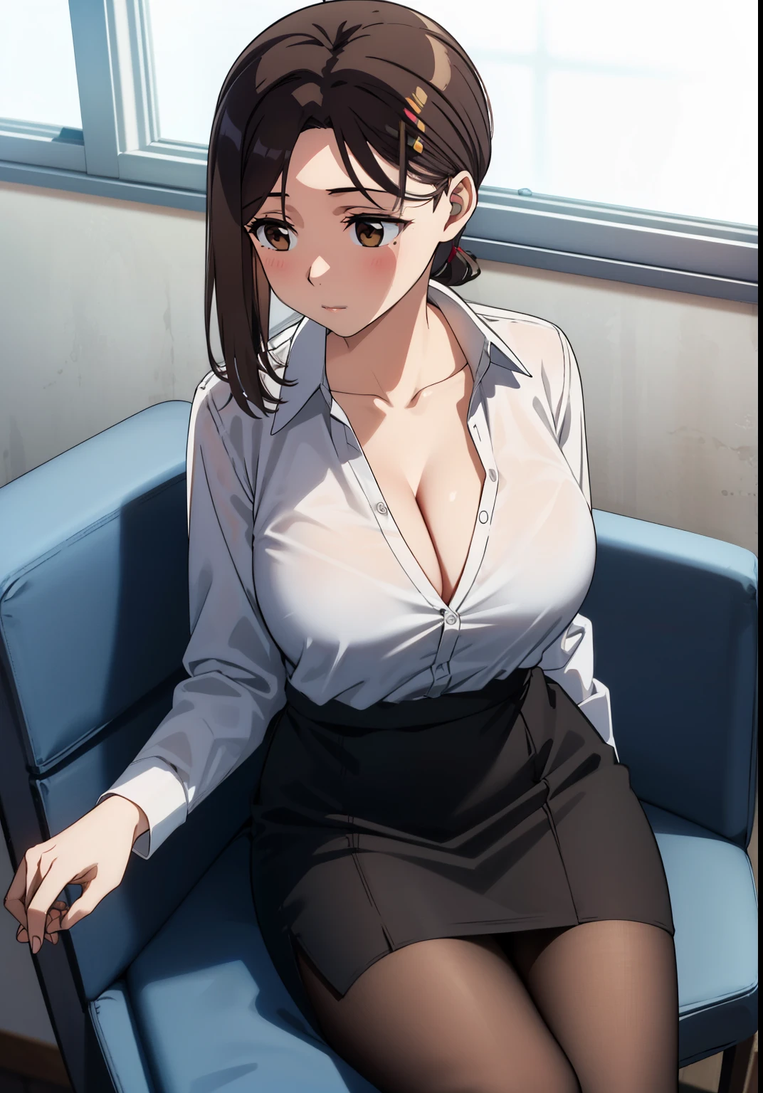 best quality, high resolution, from above, (looking away:1.2), kouhai-chan, 1girl, brown hair, brown eyes, long hair, mole under eye, huge breasts, black hair, bangs, skirt shirt, cleavage, collarbone, white shirt, pantyhose, indoors, high heels, pencil skirt, high-waist skirt, office, solo focus, cowboy shot, window, chair, sitting, low ponytail