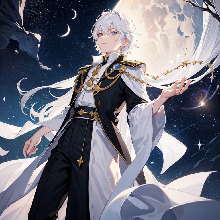 crescent,starry sky,prince,Looking up,white hair,Evil smiled,Fantasy,whole body,juvenile,boys,Aloof,black and white robe,medal,Black suit pants,individual,Handsome,Aura