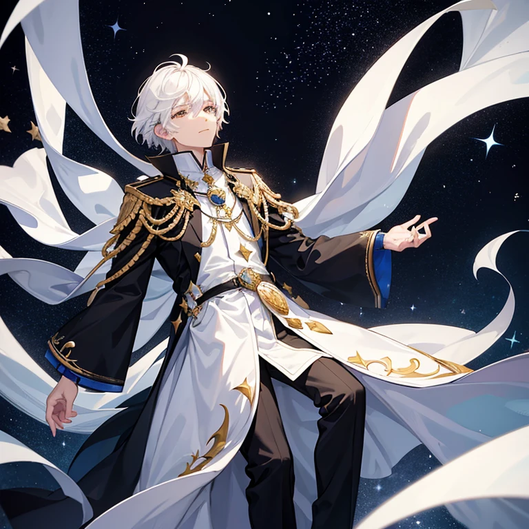 crescent,starry sky,prince,Looking up,white hair,Evil smiled,Fantasy,whole body,juvenile,boys,Aloof,black and white robe,medal,Black suit pants,individual,Handsome,Aura