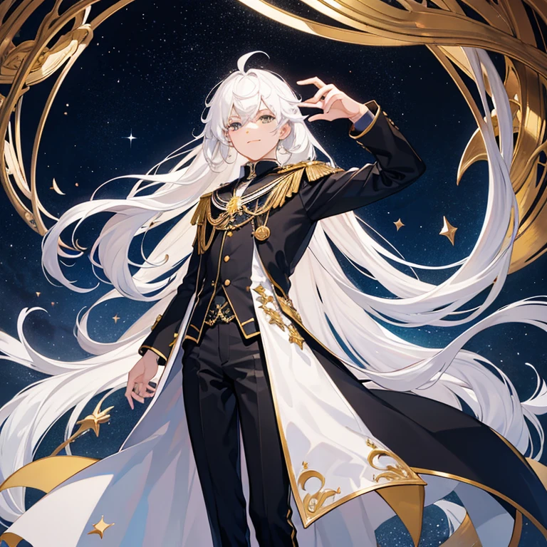 crescent,starry sky,prince,Looking up,white hair,Evil smiled,Fantasy,whole body,juvenile,boys,Aloof,black and white robe,medal,Black suit pants,individual,Handsome,Aura