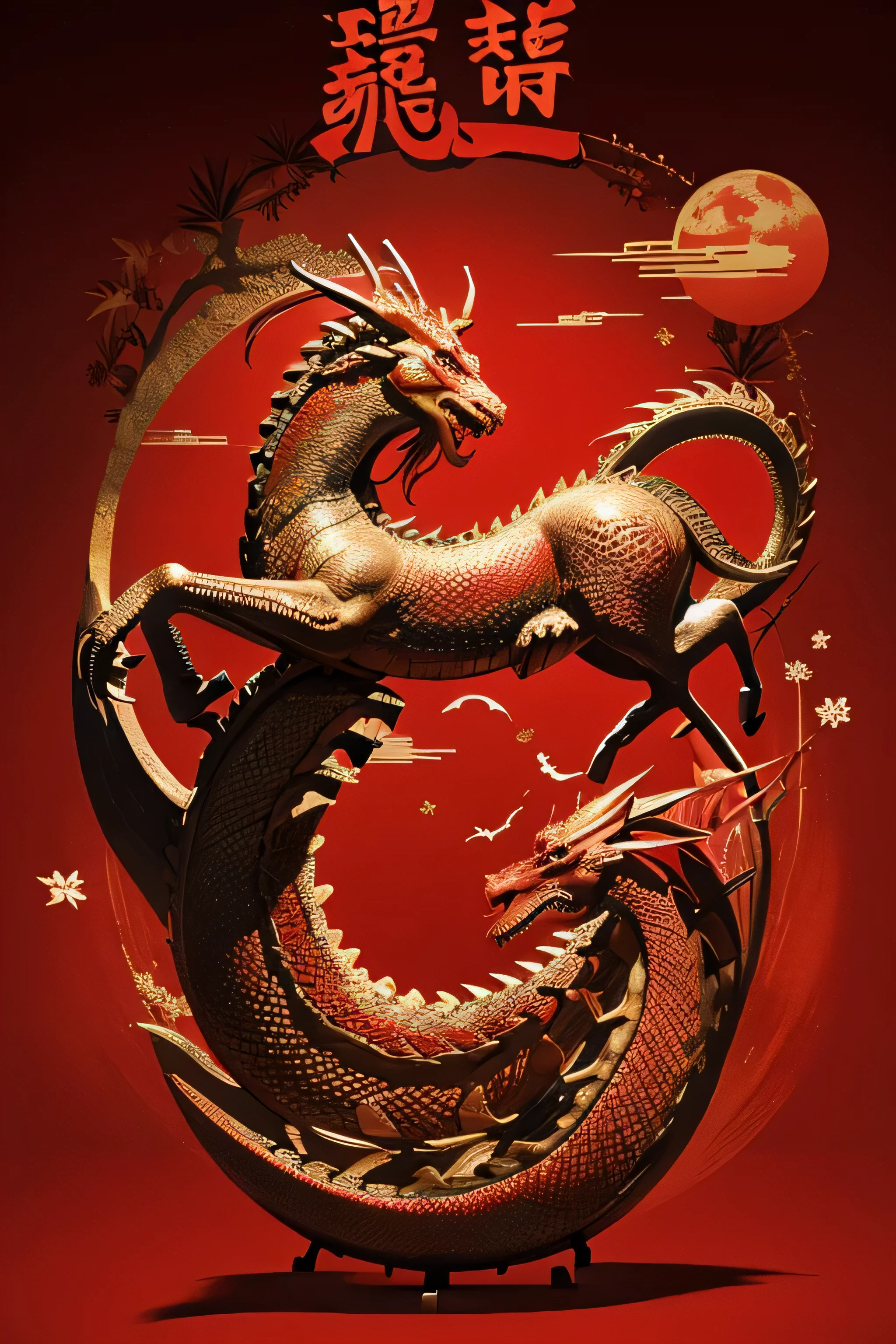 Chinese Year，lunar year，Year of the Dragon，Red White，Printmaking style，The whole picture  full of auspicious and festive atmosphere，Beautiful holiday atmosphere，no characters required，Dragon eagle