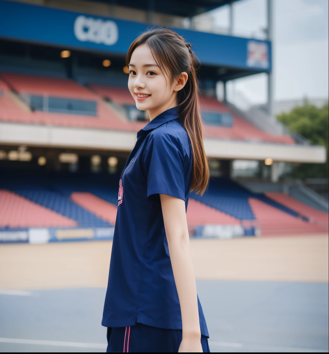 (best quality,10,10,height,Masterpiece:1.2),Very detailed,(realistic,ภาพrealistic,Realistic photos:1.37),1 cute girl on the football field,Shiny, shiny skin,only,smile softly,BDclothelue shirt:1.3)),short sleeve,shirt, กางเกงขาlong.,(navy_long_ติดตามกางเกงขาlong:1.1), ((stadium background:1.3)),Dynamic angle,excited,Face focus,dynamic poses,from behind,Focus on the ass.,Masterpiece, best quality, ultra realistic, hyper detail, 8k resolution, raw photos, Sharp focus, ((Navy blue shirt:1.1)), short sleeve, เส้นทางlong, perfect bodyแบบ, 2 mature women, 18 years old, Cinema-grade lighting,กางเกงขาlongวอร์มสีน้ําเงิน,gym wear,correct anatomy,perfect body, correct body, Sharp face, correct bodyทางกายวิภาค, full body, realistic gestures, long-haired, realistic poses,Wear long shorts............................................,ช่วงขาlong,fit,sculpted girl, Slender figure, mannequin, fit, beautiful body,กางเกงขาlongวอร์มสีน้ําเงิน, two girls kissing