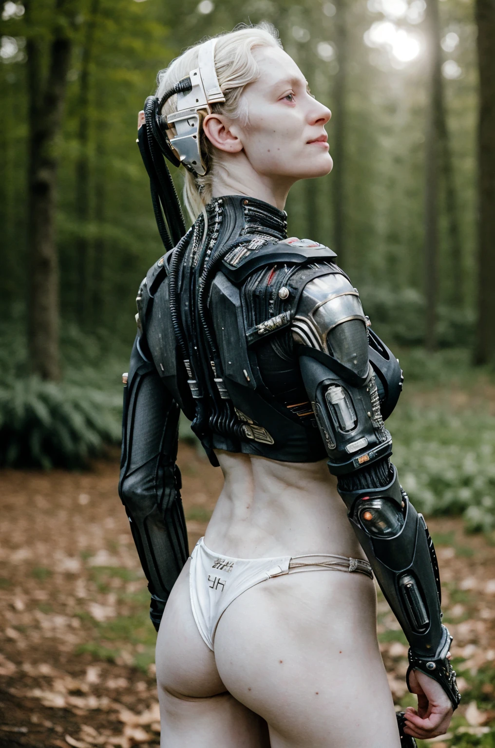 borg woman sks woman, (cable:1.4), 

(Natural:1.2) (pale white:1.1) (skin:1.3) [(with:.01) (beauty_marks:.01):6], 
[bald::6], 
 [long:6] [light blonde hair:6], [albino:6], 
(medium shot:1.4), back view, sexy (cyborg:.2) (cybernetic:.3) (implants:.3), (cyborg:.1) (cybernetic:1.3) (bikini:1), young, front light, well lit, sunny, in nature, outdoors, detailed skin, photograph, detailed, high resolution, RAW photo, in frame, 

[BREAK:8] 
[(many beauty_marks and:.01) (many light moles on her skin:1):8], 

[BREAK (light brown moles:.1):12]