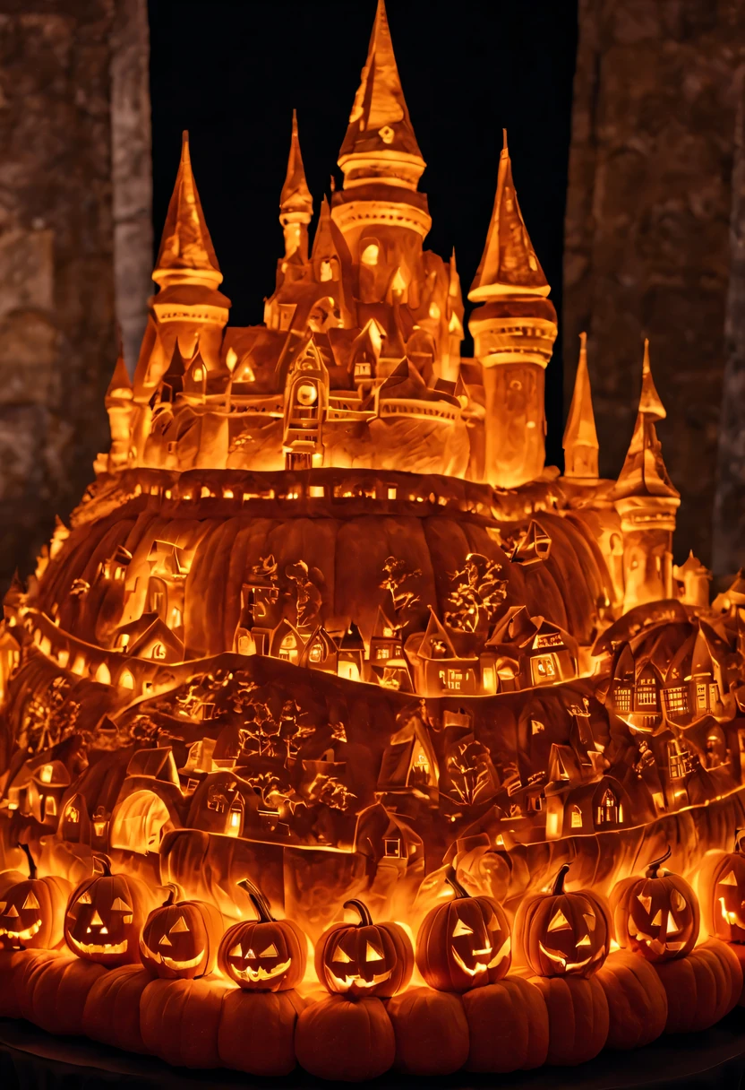 Pumpkin carving, Pumpkin carving Art, подробные castles, carved from pumpkin, (on the table there is a composition of several locks, carved from pumpkin), (castles, carved from pumpkin, make up a single city), (each castle is individually carved from pumpkin)