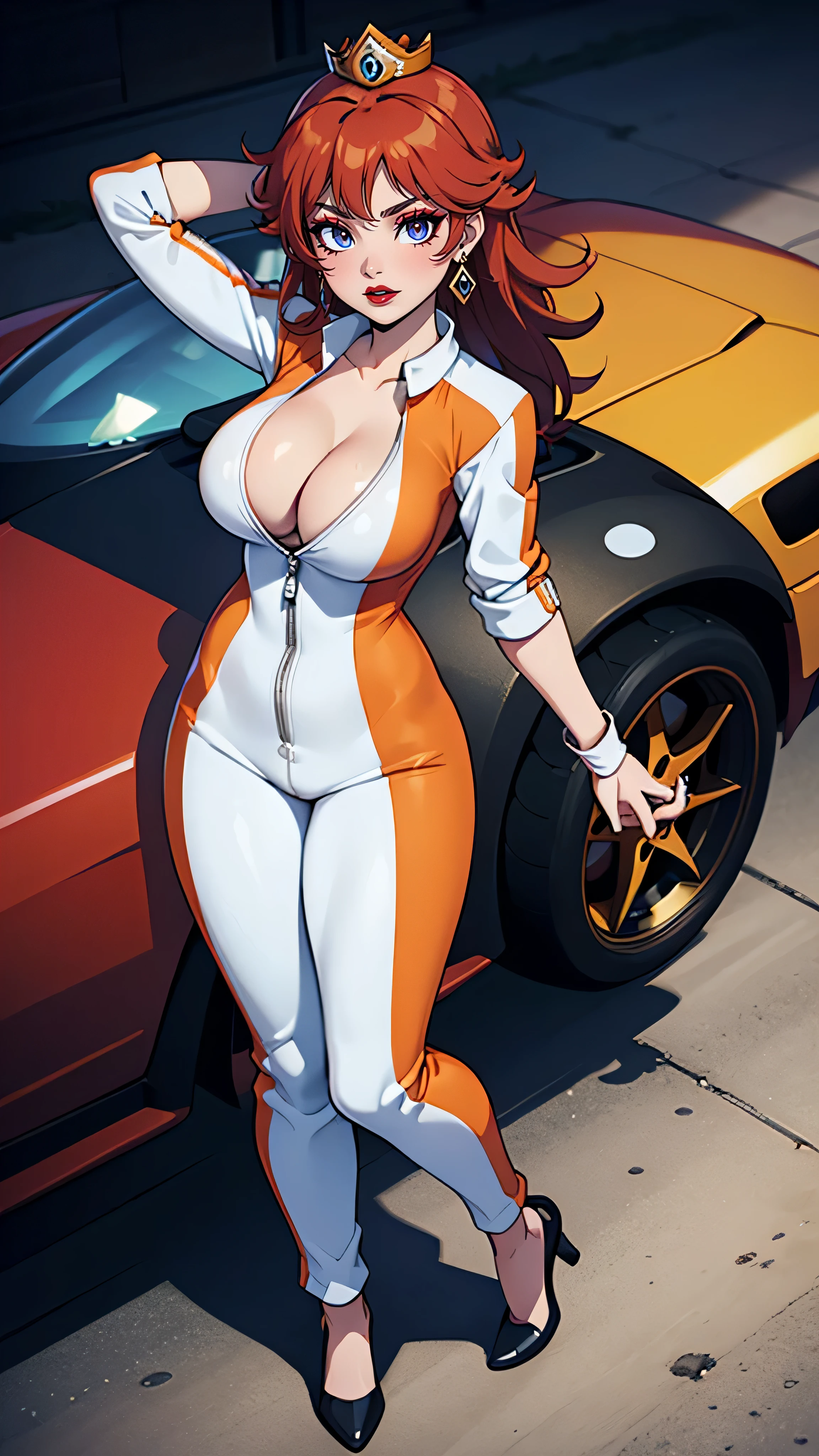 ((high detailed, best quality, 4k, masterpiece, hd:1.3)), (Mario_Kart_speedway), Princess Daisy posing, Daisy_SM, BREAK neon blue eyes, seductive, attractive, sexy smile, smiling, smooth anime cg art, 36C breasts, long legs, vivid colors, detailed digital art, slim body, perfect skin, dark red hair, long red hair, dark hair, red hair, BREAK crown, cleavage, 36C cleavage, looking at viewer, BREAK looking at viewer, extremely detailed face, (orange and white jumpsuit), (Jumpsuit:1.5), (orange and white racing suit), (racing suit:1.5), (high heels), full body, earrings, gem, (thin_lips), dark gothic eyeshadows, dark eyeshadows, black eyeshadows, (perfect hands, perfect anatomy), black makeup, detailed fingers, five fingers per hand, 5 fingers, (1 girl), detailed lips, BREAK night, (breast focus), (breasts out:1.3), (from above:1.3), (hands behind head:1.3),