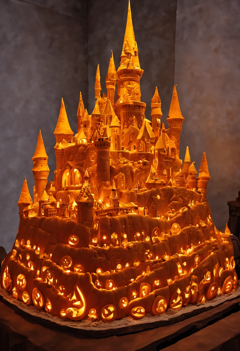 Pumpkin carving, Pumpkin carving Art, подробные castles, carved from pumpkin, (on the table there is a composition of several locks, carved from pumpkin), (castles, carved from pumpkin, make up a single city), (each castle is individually carved from pumpkin)