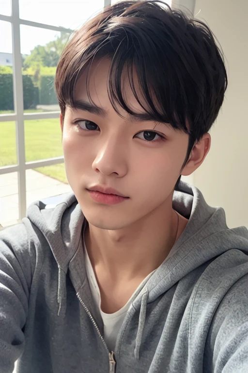 top-quality, masterpiece, 超A high resolution, (realisitic: 1.4), Original photo, wall-, Head Photo, The skin, simple background, Black eyes, detaileds, selfy, 1 boys, 18 years old, a handsome, breezing, rays of sunshine, Duan、a room、Amazing handsome man、Cute、Center Part、Johnny's、A face like Ryo Yoshizawa、Refreshing、not too thick eyebrows、orthodox christianity、cold face、musculature