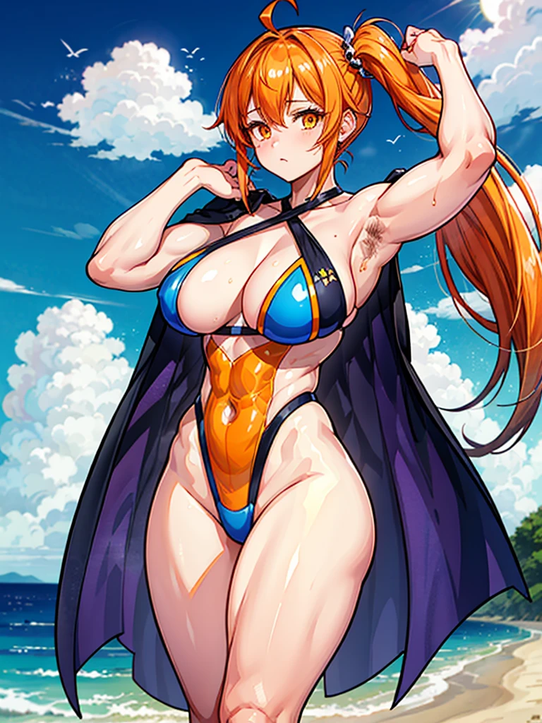 (((masterpiece、Highest image quality、highest quality、highly detailed unity 8kwallpaper)))、((Illustration of one girl))、(((beautiful girl)))、((orange hair、side ponytail、sidelocks:1.4、orange eyes))、((stocky build, thickset physique:1.3, muscular legs, broad shoulders, solid chest:1.3, Armpit Hair:1.4、hairy armpits:1.4)))、swimsuit、sandy beach