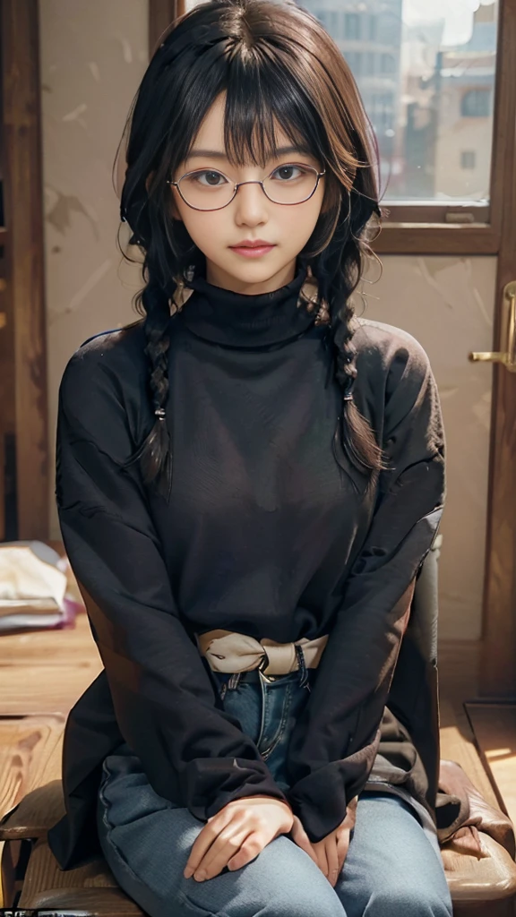 masterpiece, highest quality, one woman, Japanese people in their 20s, hairstyle:(black hair, very short hair, two braids, curly hair, With bangs), face:(symmetrical beauty, 小face, sharp outline, thick eyebrows, dark eyebrows, realistic eyes, double eyelid, droopy eyes, small nose, thick lips, close your mouth), expression:(smile, はにかんだ笑face), decoration:(rimless glasses, glasses with small lenses, square lens), body shape:(wheat-colored skin, realistic skin texture, I cup breasts, 少しふくよかなbody shape), clothing:(jacket:Beige long coat, inside:black turtleneck sweater, pants:dark blue long jeans, brown long boots), posture:(sitting, on the chair, Show the whole body, Even the shoes are shown), The background is a Western-style cafe, (face directly toward the camera, looking directly at the viewer, looking at the camera, The whole body is facing towards the viewer., whole body facing towards the camera, faceはカメラを真っ直ぐ見る).