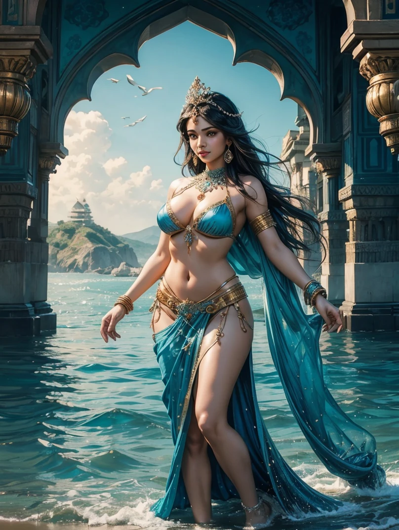 a beautiful Indian woman in a blue bikini on the beach, asian female water elemental, goddess of the ocean, arabian princess, realistic bikini, arabian art, goddess of the sea, aesthetic!!!!!! female genie, Indian princess, sea queen, ”beautiful Indian woman, indian woman fullbody art, cgsociety 9, water fairy, beautiful fantasy painting, arabian, indian goddess