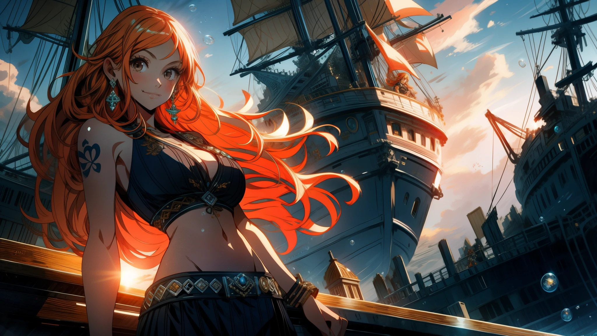 detailed background, masterpiece, best quality, 1girl, solo, nami \(one piece\), 1girl, bangle, blue sky, bracelet, , brown eyes, bubble, big boobs, cloud, cowboy shot, slender body, thin, big eyes, eye-level, soft lighting, sexy pose, day, earrings, floating hair,jewelry, big breasts, log pose, long hair, looking at viewer, navel, orange hair,shoulder tattoo,sky, smile, solo, standing, stomach, , tattoo , looking at viewer, pirate ship on background