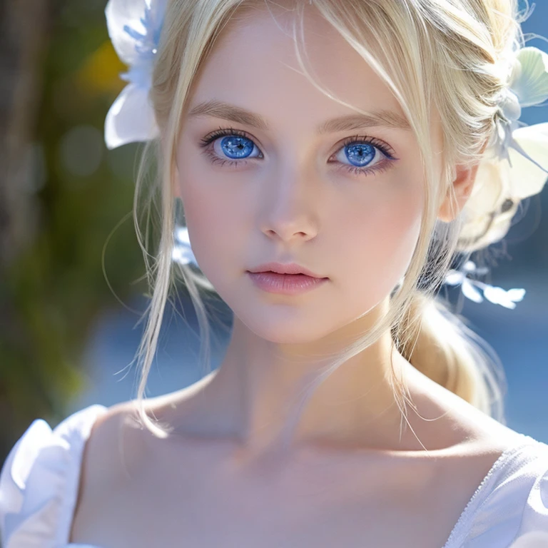goddess、blonde、blue eyes、wearing a white dress
