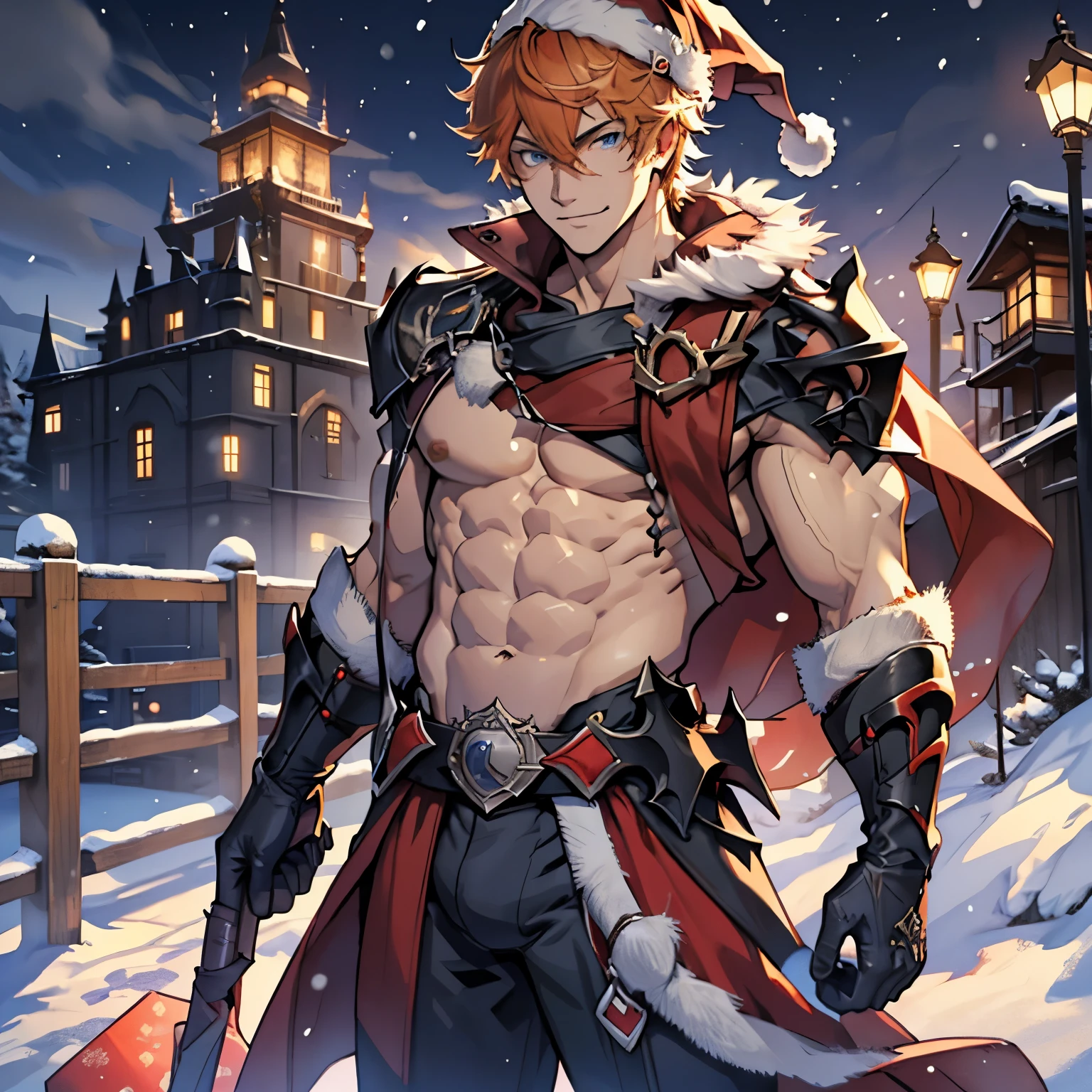 (extremely detailed, 8k wallpaper, masterpiece, best quality, ultra-detailed), (best illumination, best shadow), prefect face, dynamic pose, dynamic angle,
((1boy)), solo, face, upperbody, male focus, tartaglia \(genshin impact\),
(santa hat:1.4), (carrying bags over shoulder:1.4), (holding large present boxes:1.2), smile, looking away, (detailed eyes:1.4),
gorgeous, gloves, orange hair, (weapon:0), blue eyes, black gloves, (mask on head:0), holding, shirtless, topless, muscle, scarf, red scarf, bangs, (holding weapon:0), muscular, abs, pectoral muscles, huge bulge,
detailed background, liyue-kozue, scenery, night, outdoor, building, sea, bridge, mountain, (snow:1),