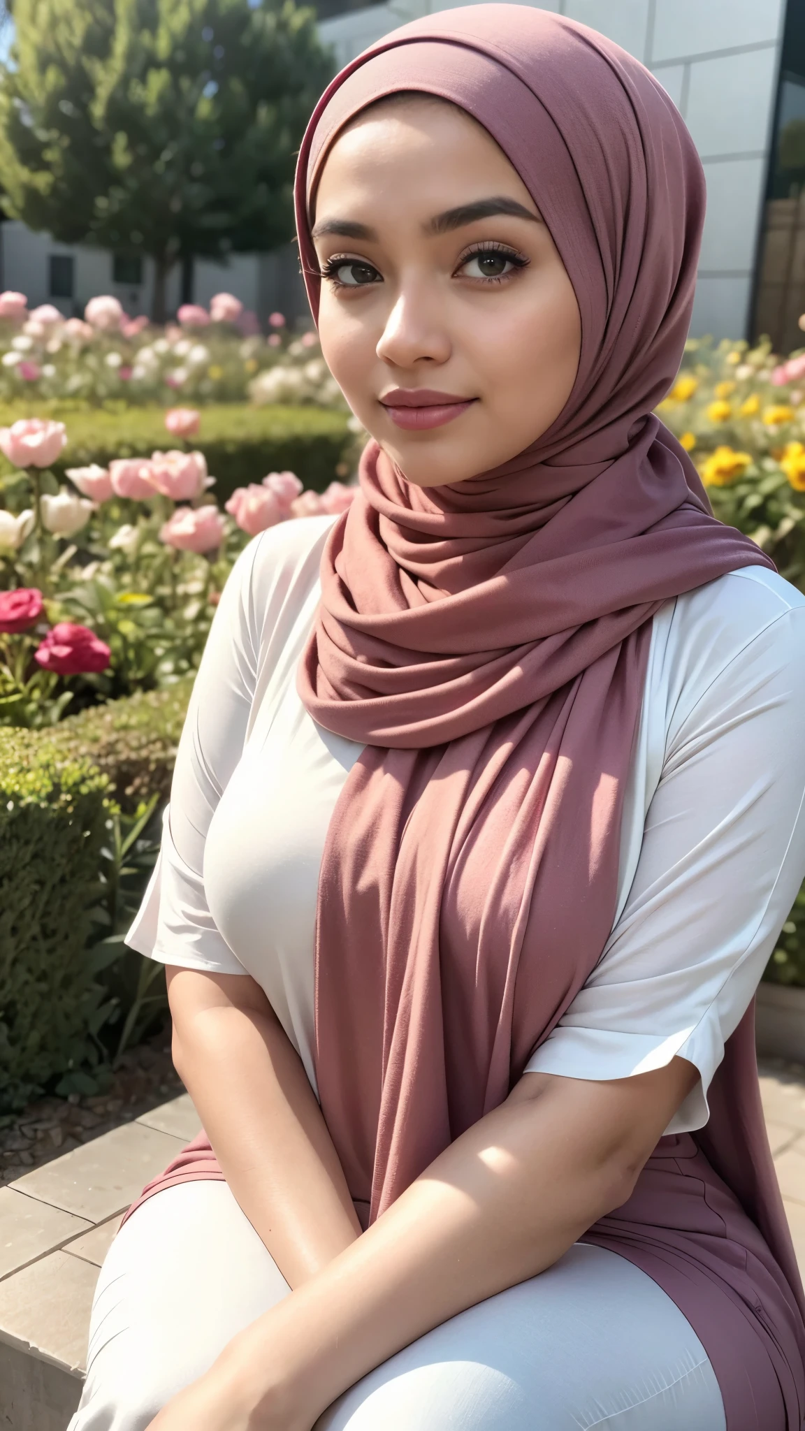 RAW, Best quality, high resolution, masterpiece: 1.3), beautiful Malay woman in hijab,Masterpiece, perfect fit body, big breast, biggorgeous eyes, Soft smile,thick thighs,sitting,muslim close up of a woman wearing a red maroon floral dress and a tan scarf, hijab, lovely woman, white hijab, beautifull malay, very beautifull girl, shawl, lovely, wearing beautiful clothes, cute beautiful, feminine in cute pastel shades, dress, beautiful female,Delicate turtleneck, shairband, afternoon walk, City garden, Excellent lighting, Bright colors, Clean lines