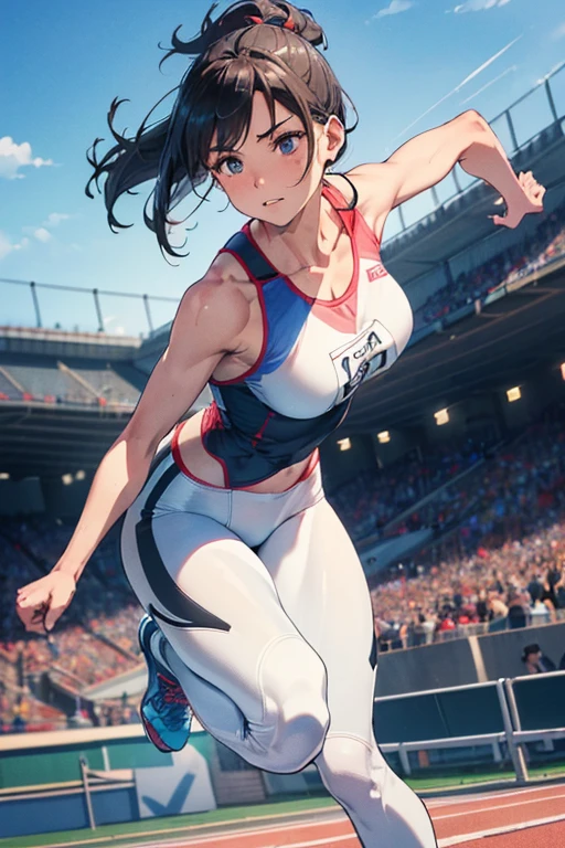 A black-haired mature woman cheerleader in a leotard, jumping around in white boots at the stadium.