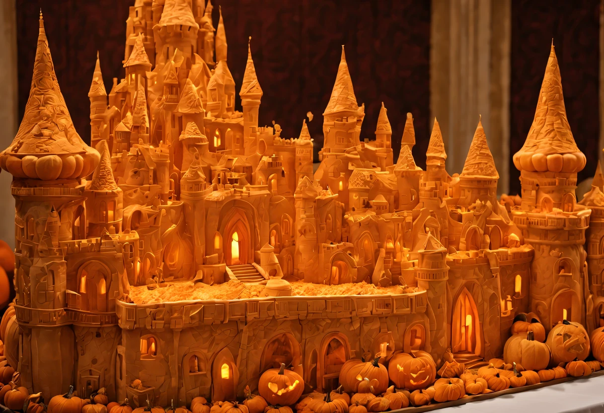 Pumpkin carving, Pumpkin carving Art, подробные castles, carved from pumpkin, (on the table there is a composition of several locks, carved from pumpkin), (castles, carved from pumpkin, make up a single city), (each castle is individually carved from pumpkin)