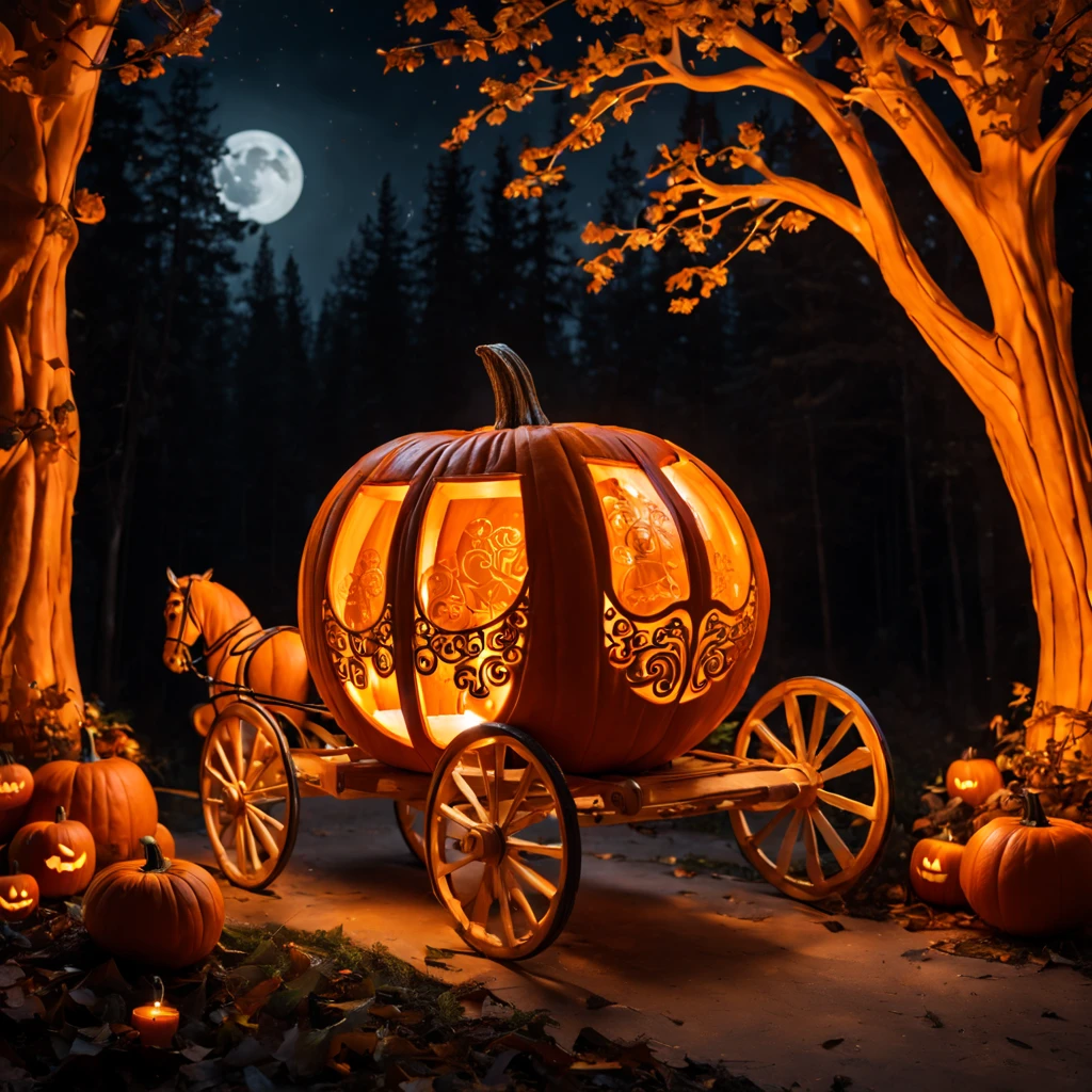 a horse carriage carved out of a pumpkin, artistic, floral carvings, all orange color, clean lines, passenger inside, riding at night, mystical forest, ambient light