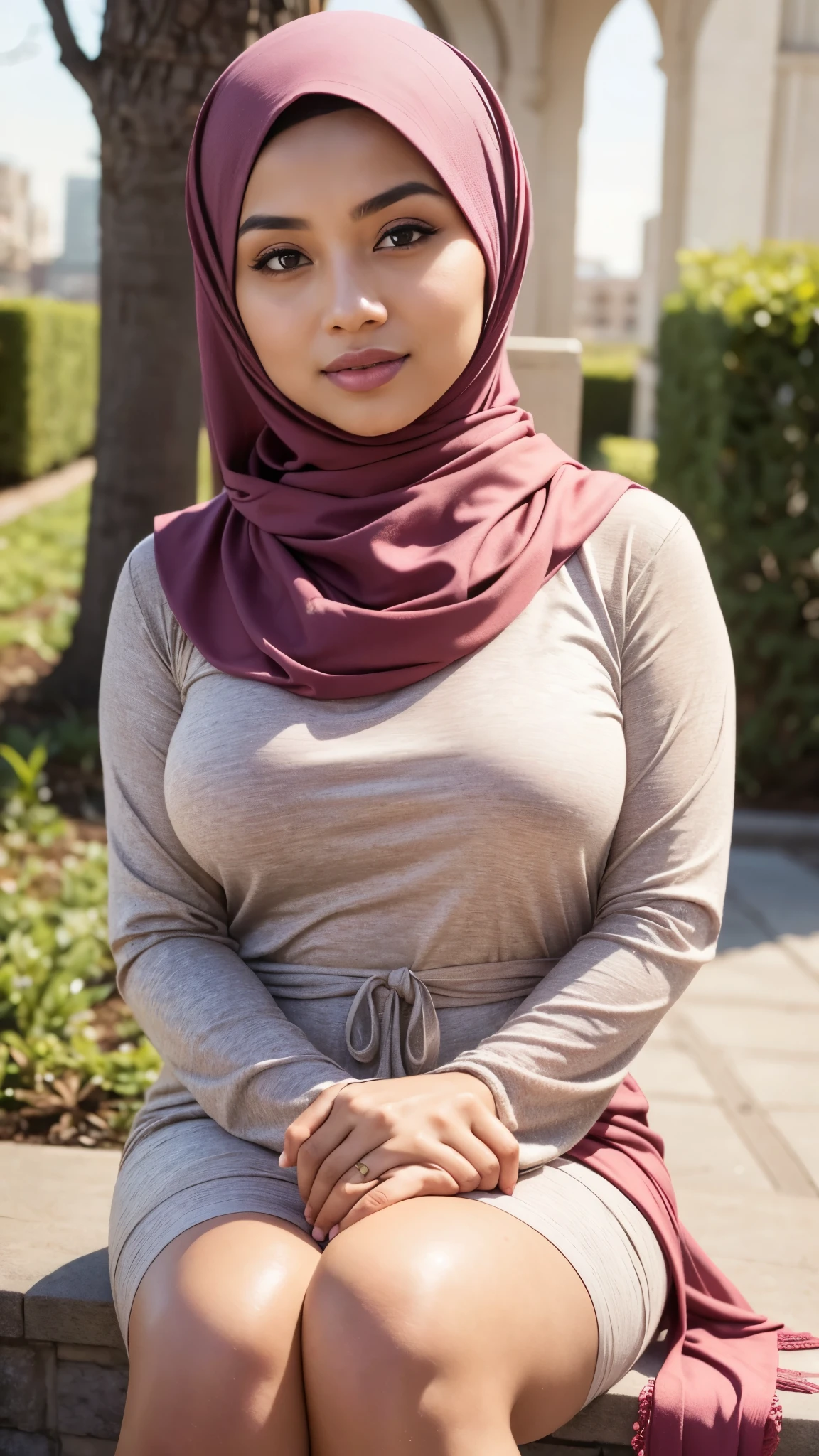 RAW, Best quality, high resolution, masterpiece: 1.3), beautiful Malay woman in hijab,Masterpiece, perfect fit body, big breast, biggorgeous eyes, Soft smile,thick thighs,sitting,muslim close up of a woman wearing a red maroon floral dress and a tan scarf, hijab, lovely woman, white hijab, beautifull malay, very beautifull girl, shawl, lovely, wearing beautiful clothes, cute beautiful, feminine in cute pastel shades, dress, beautiful female,Delicate turtleneck, shairband, afternoon walk, City garden, Excellent lighting, Bright colors, Clean lines