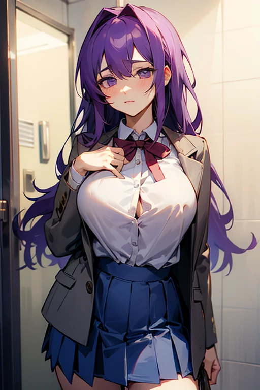 ((Mejor calidad)), ((obra maestra)), (detallado), cara perfecta, Yuri, Yuri ddlc, ddlc, doki doki literature club, purple hair, purple eyes, long hair, Yuri (character ddlc), big breasts, forced exposure, exposing breasts, grey jacket, brown sweatear, white shirt, blue skirt, school bathroom, boobs out, panty shot