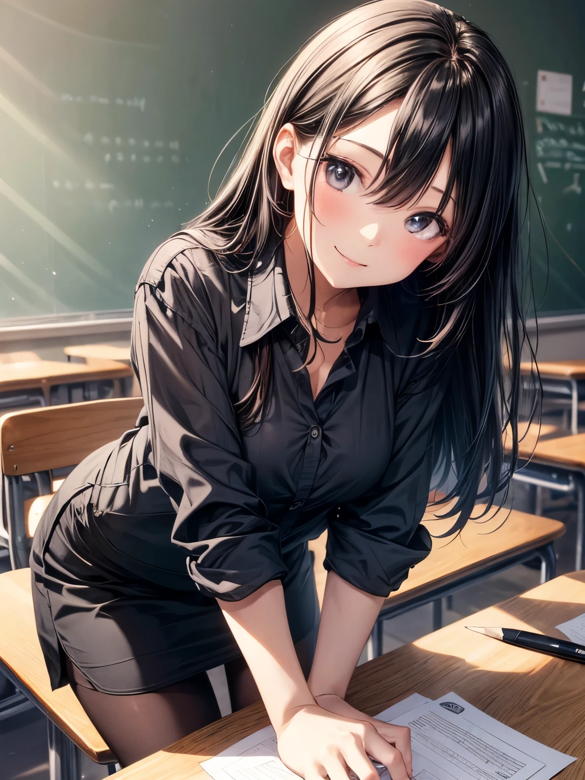 highest quality、complete limbs、full finger、1 beautiful woman、black haired woman、Beauty busty woman、straight hair woman、female teacher、((Black collared Y-shirt:1.3))、The second button of the Y-shirt is open.、no tie、((Mini pencil skirt in black color))、((black pantyhose))、classroom、pulpit、smile、Are standing、naughty pose、sit at desk