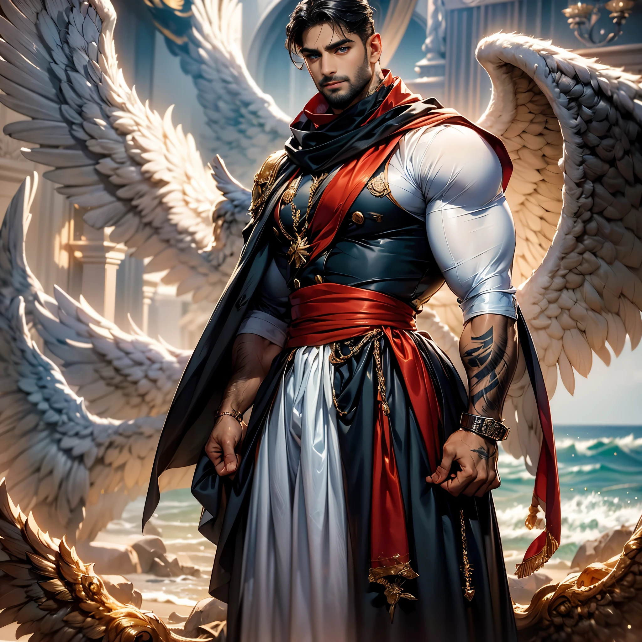 Daegan Tronos Character(alone), handsome, detailed face, dark skin, dark-tanned, perfect wings angel, symmetrical wings,blue eyes(color),small beard, medium haircut, pirate clothes, scarf on the neck (red color), tattooed arms, champion stance(body), visual harmony, epic wallpaper