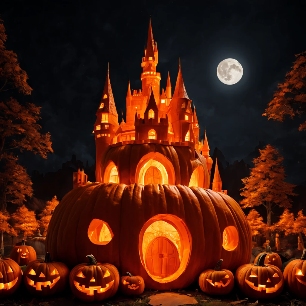 a castle carved out of a massive pumpkin, artistic, amazing architecture, all orange color, clean lines, pumpkin city, ambient light at night
